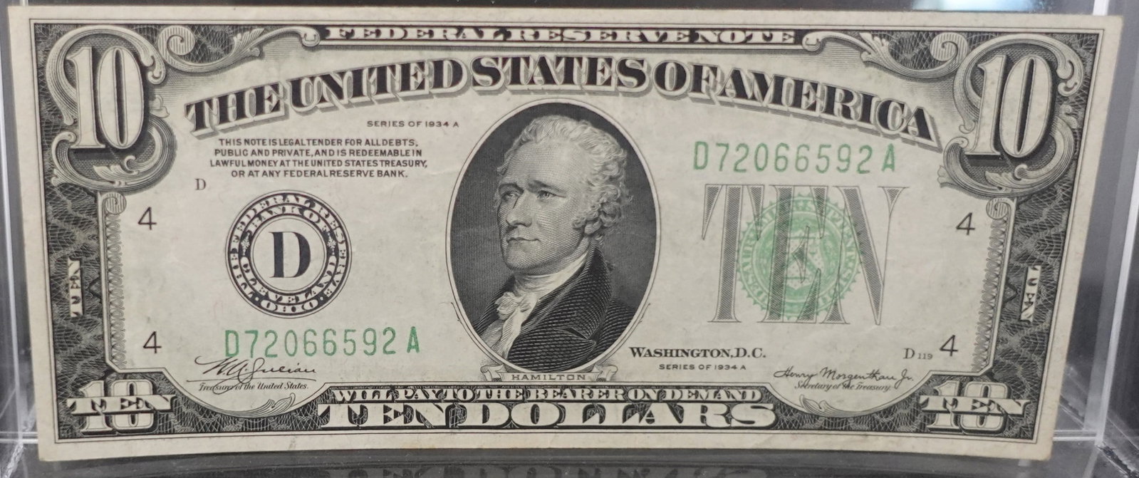 1934 A $10 Note: This is the rare Lime Green Seal! These were only printed for a short time! This is in Mint Condition! Low Estimate: 150 High Estimate: 200