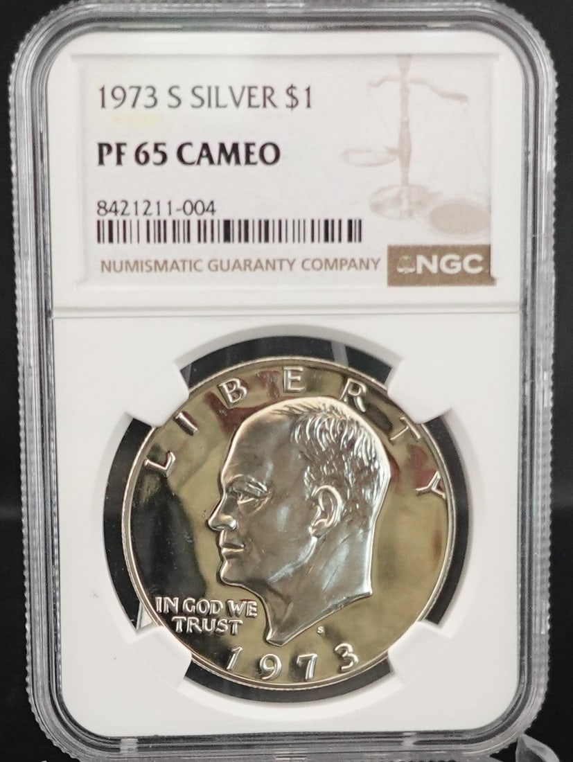 1973-S Ike Dollar: This is NGC Graded PR65 Cameo, This coin is also 40% Silver Low Estimate: 40 High Estimate: 50