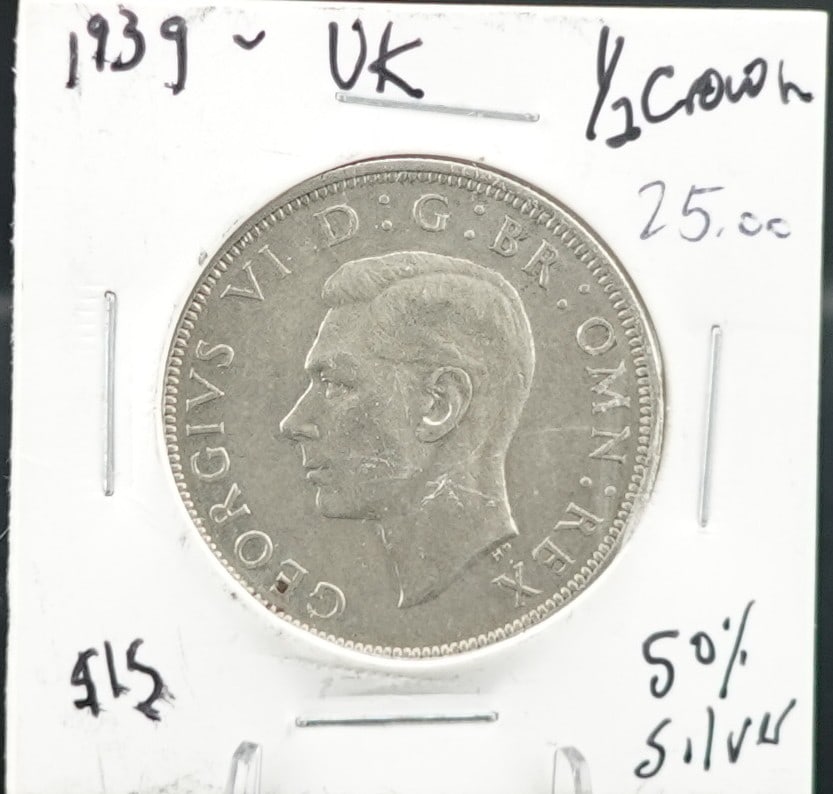 (2) Foreign Silver Coins: 1939 Britain 1/2 Crown and 1946 Silver Mexico 1 Peso Low Estimate: 50 High Estimate: 70