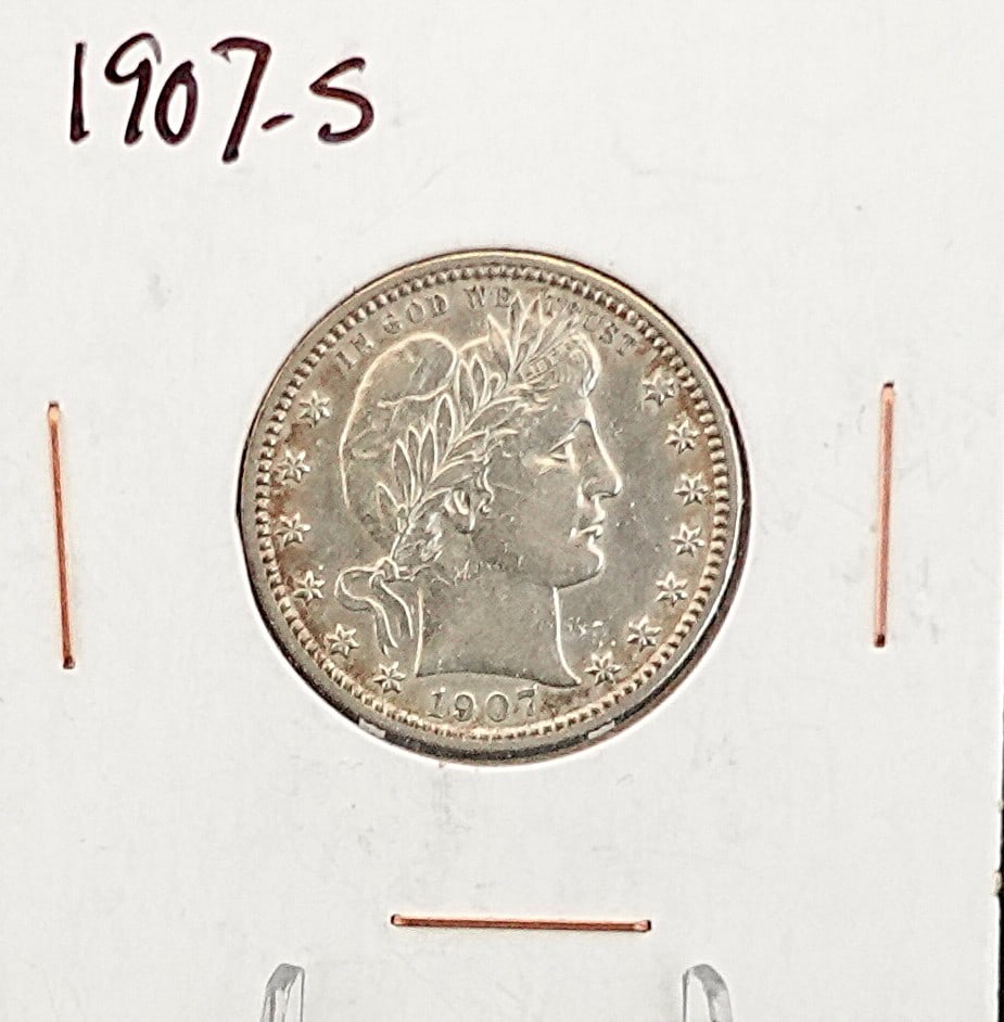 1907-S Barber Quarter: This is a High Grade Coin! Great Luster and Full Details! High Estimate: 800 Low Estimate: 600