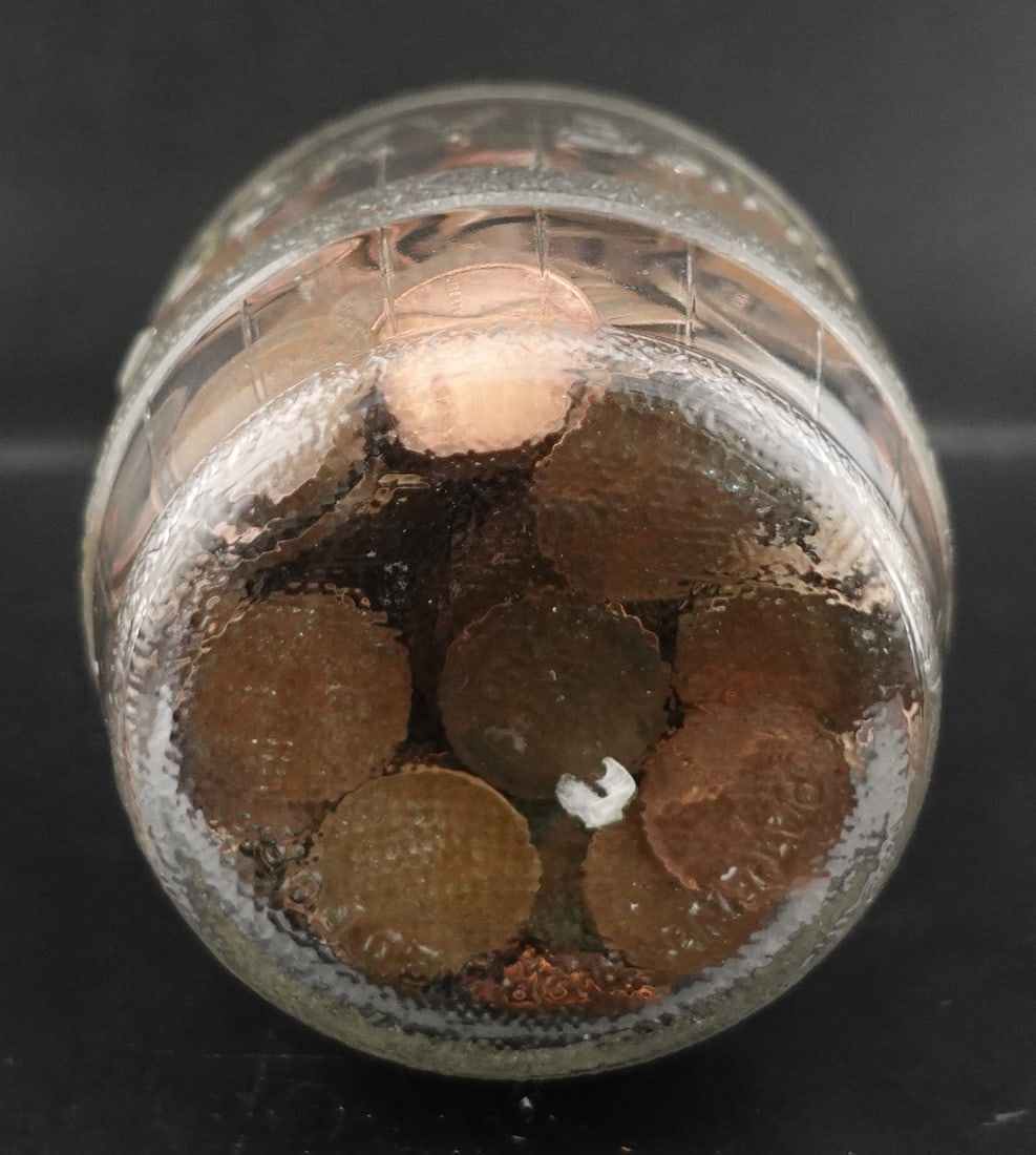 Old Glass Piggy Bank With Coins - 2