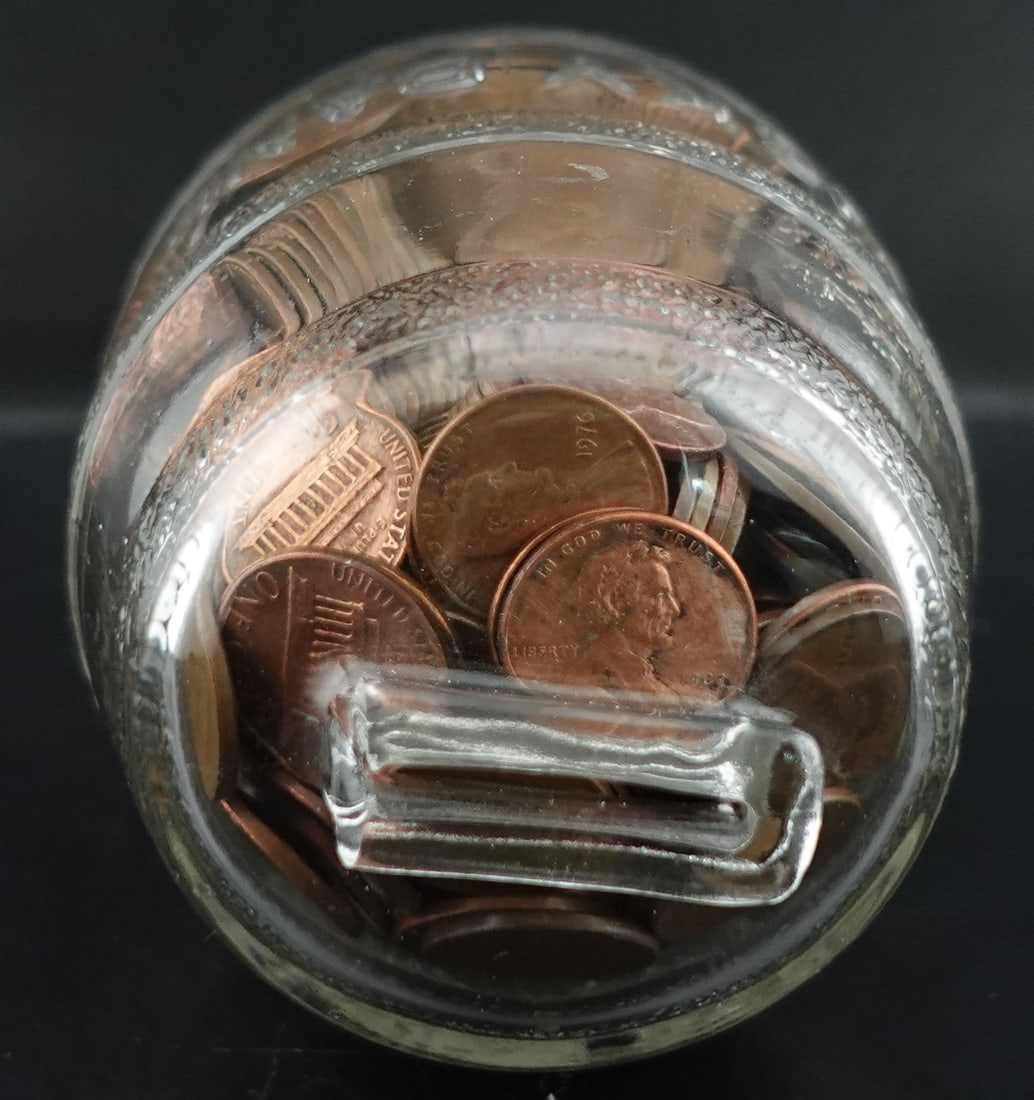 Old Glass Piggy Bank With Coins - 3