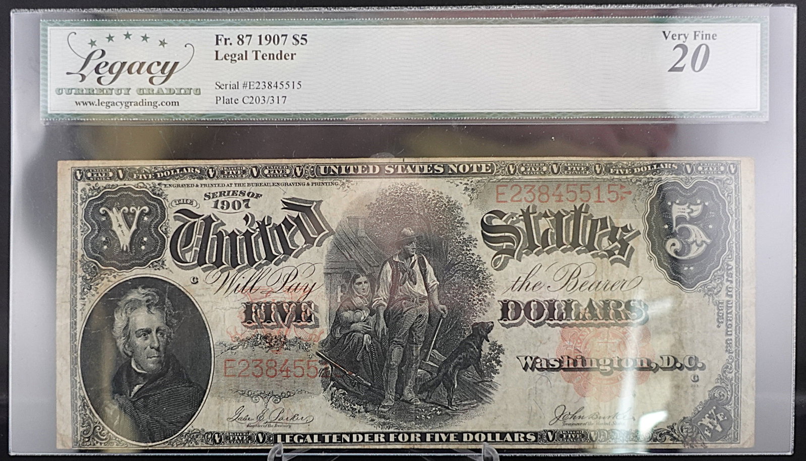 1907 $5 Legal Tender: This is a Great Wood Chopper Note! Graded Very Fine 20