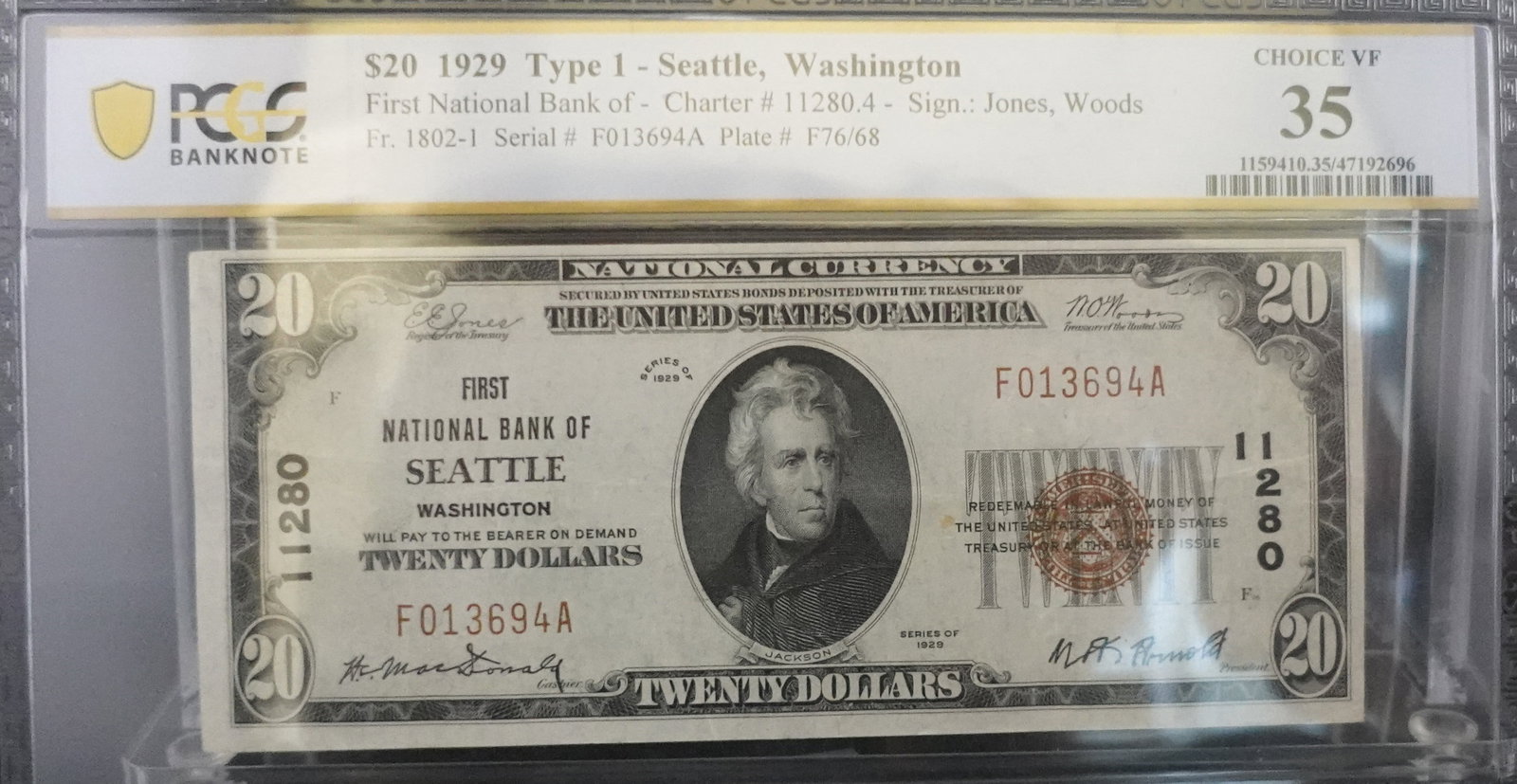 1929 Type 1 $20 Seattle WA Note: PCGS Graded Choice VF-35