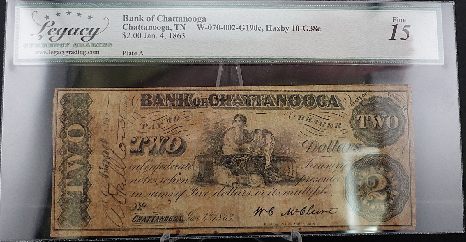 1863 Bank of Chattanooga $2 Note: Nice Details! Graded Fair 15