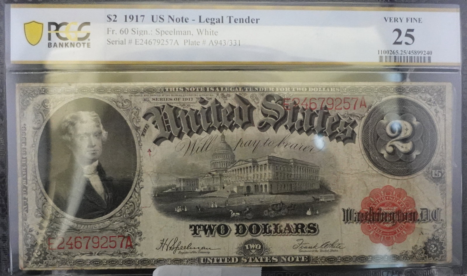 1917 $2 US Note: PCGS Graded VF-25