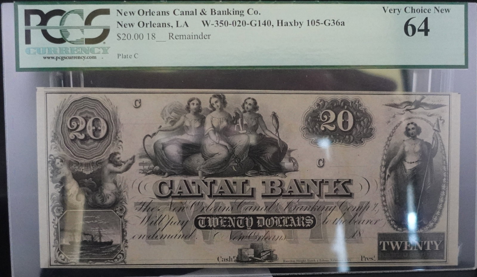 1800s New Orleans Canal & Banking Co $20 Note: PCGS Graded VCN-64