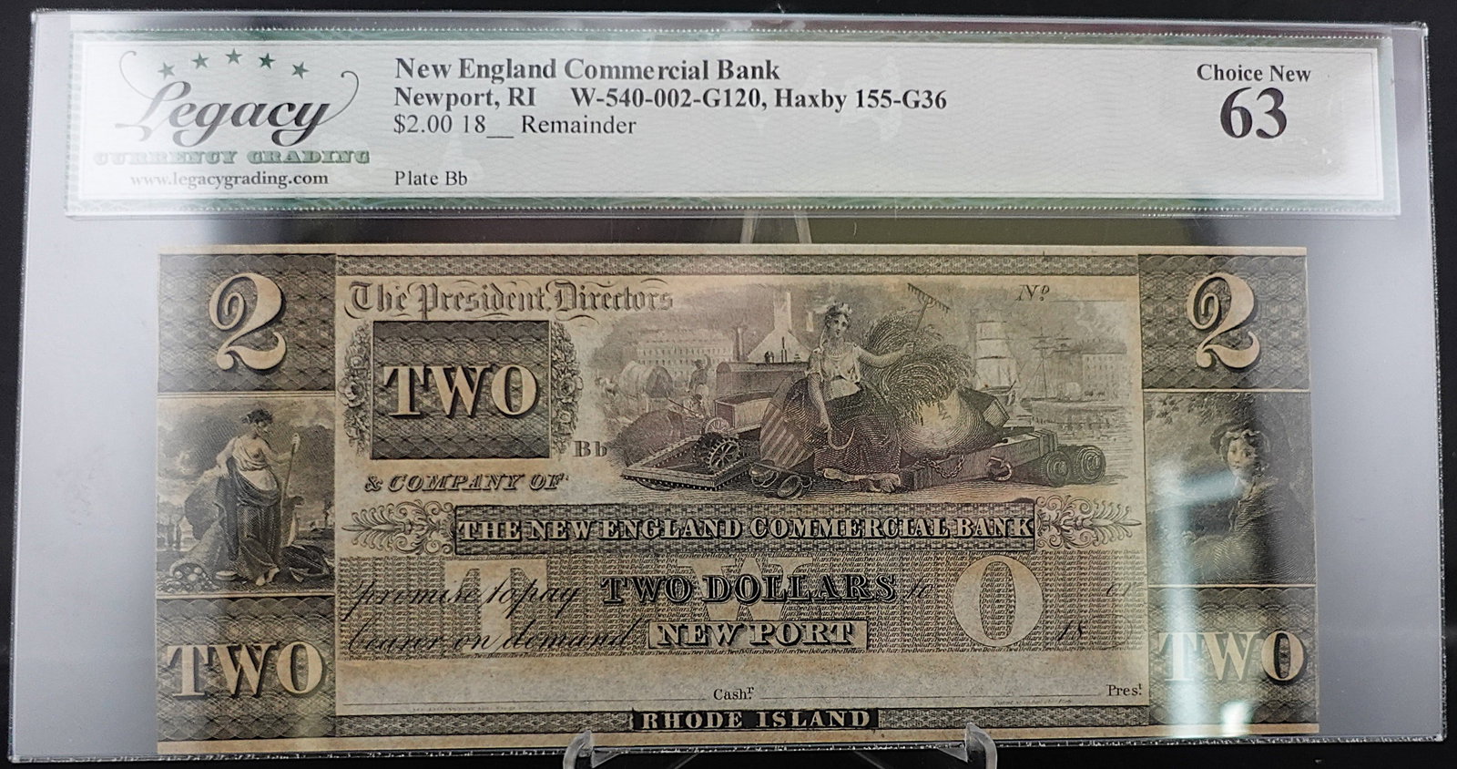 1800's New England Commercial Bank, New Port RI $2 Note: High Grade and Great Details! Graded Choice New 63!