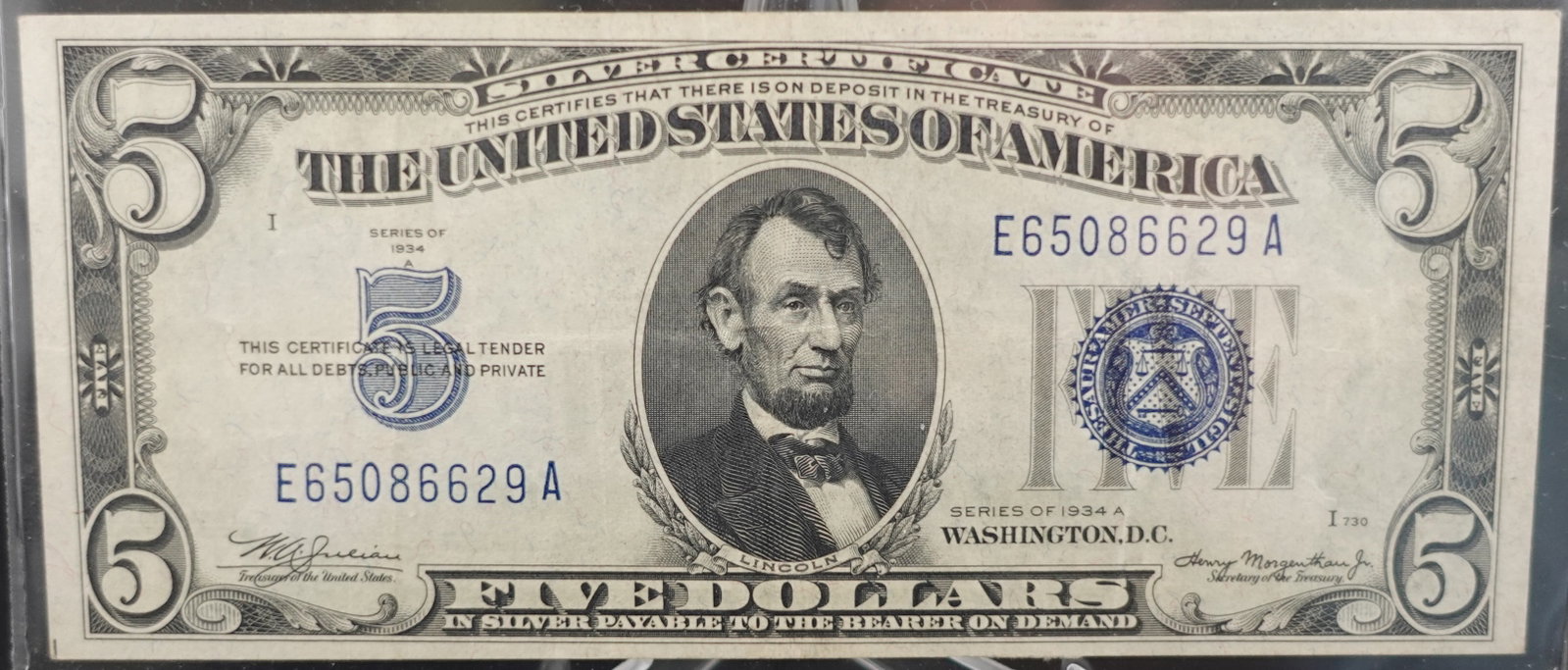 1934-A Blue Seal $5 Silver Certificate: This is a High Grade Note!