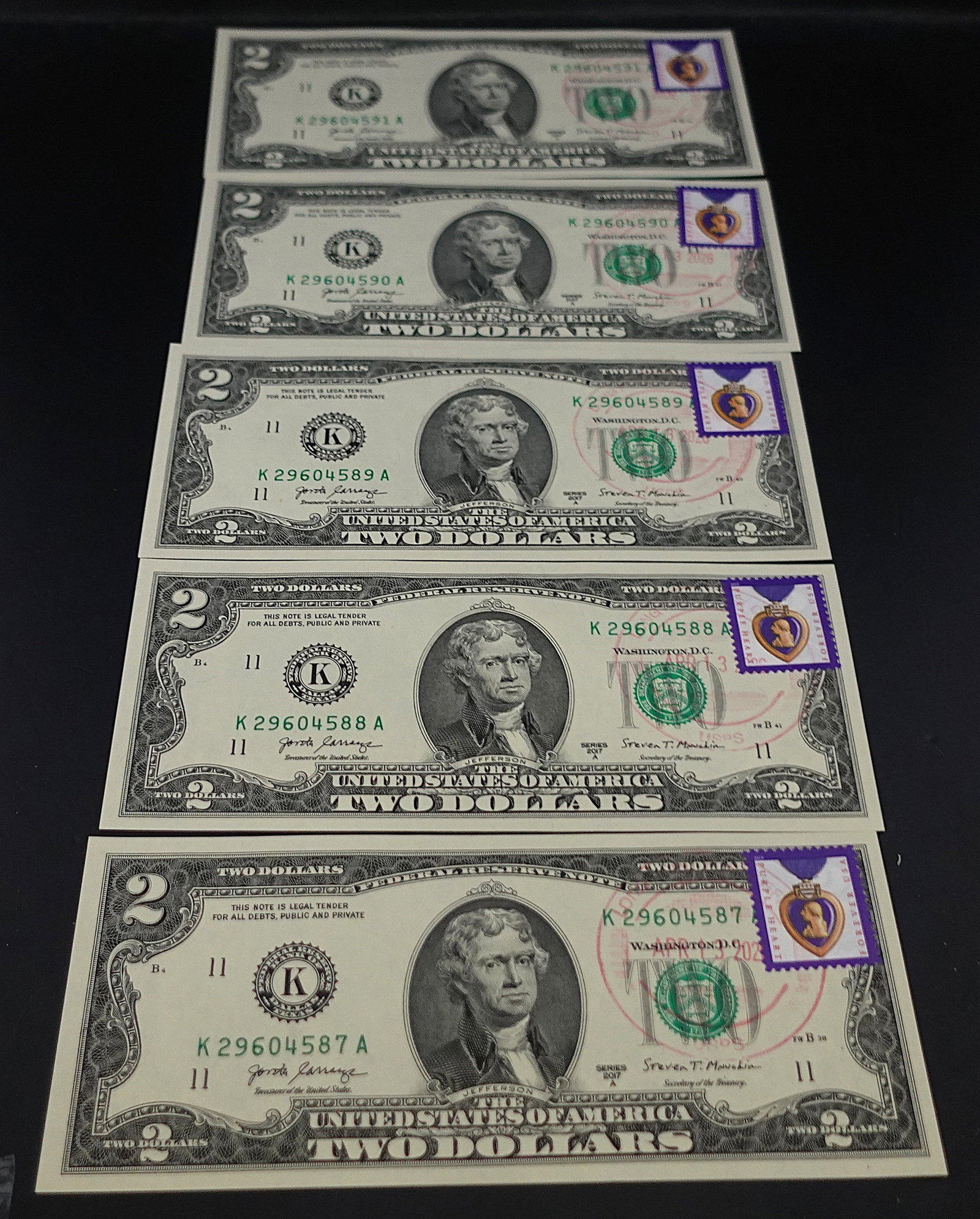 (5) 2017A $2 Notes: This are in Pristine Condition and are in Sequential Numbers! 