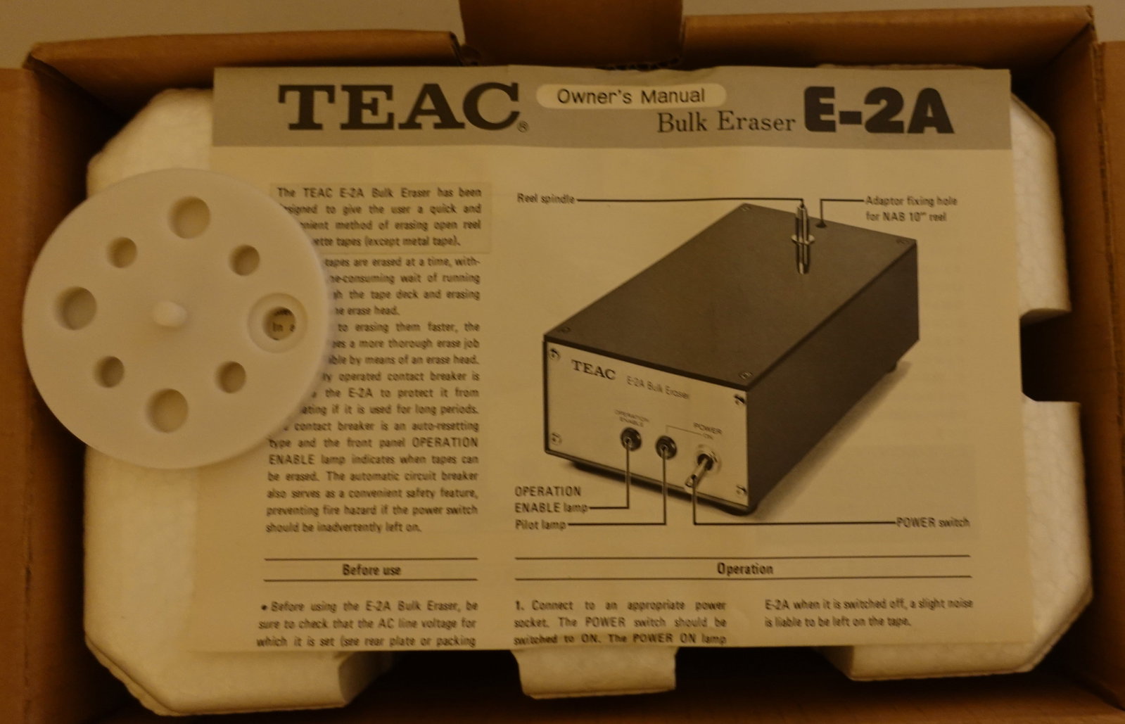 Teac E-2A Bulk Eraser: This has the original box, Manuel and plastic reel advancer. 