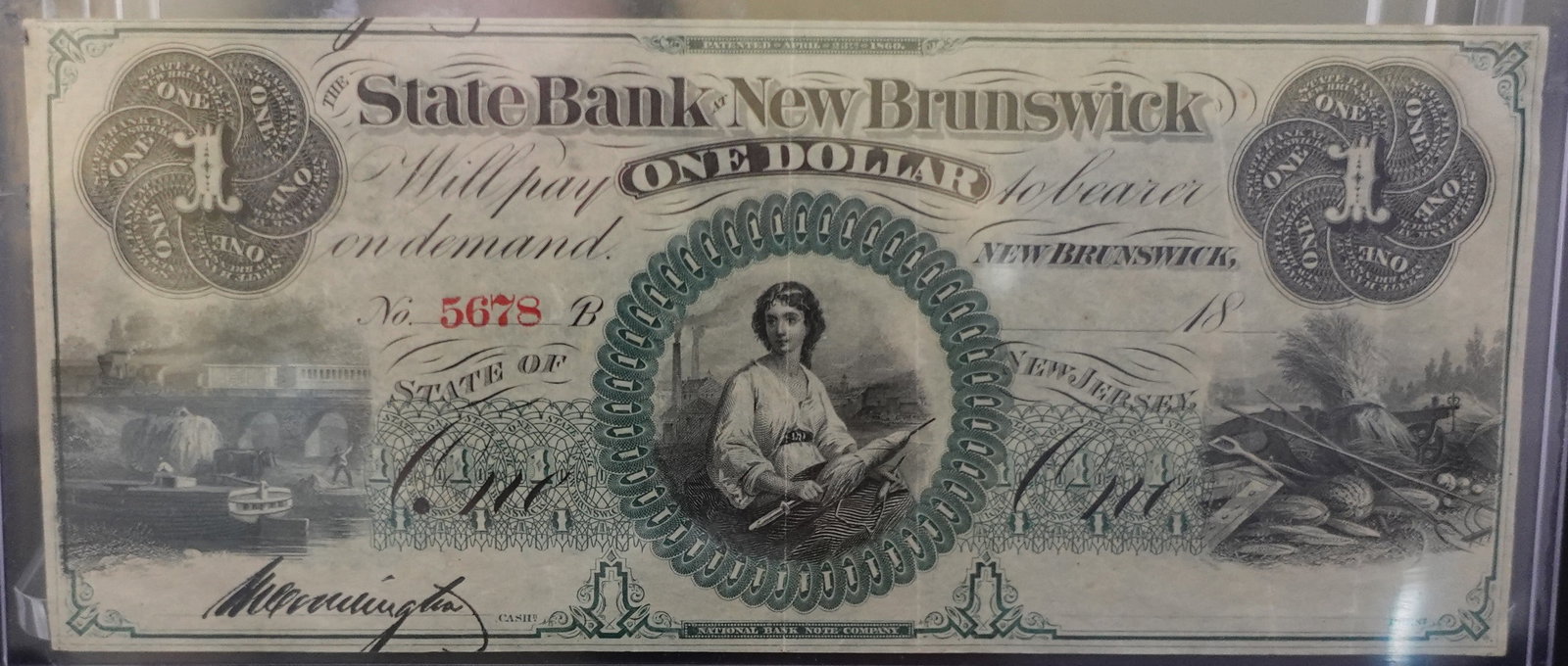 1860 State Bank of New Brunswick $1 Note: This is a really nice note! Crisp with a great cur and sharp corners. This one is signed by the cashier which make this bill a Historic Artifact instead of just a blank note!