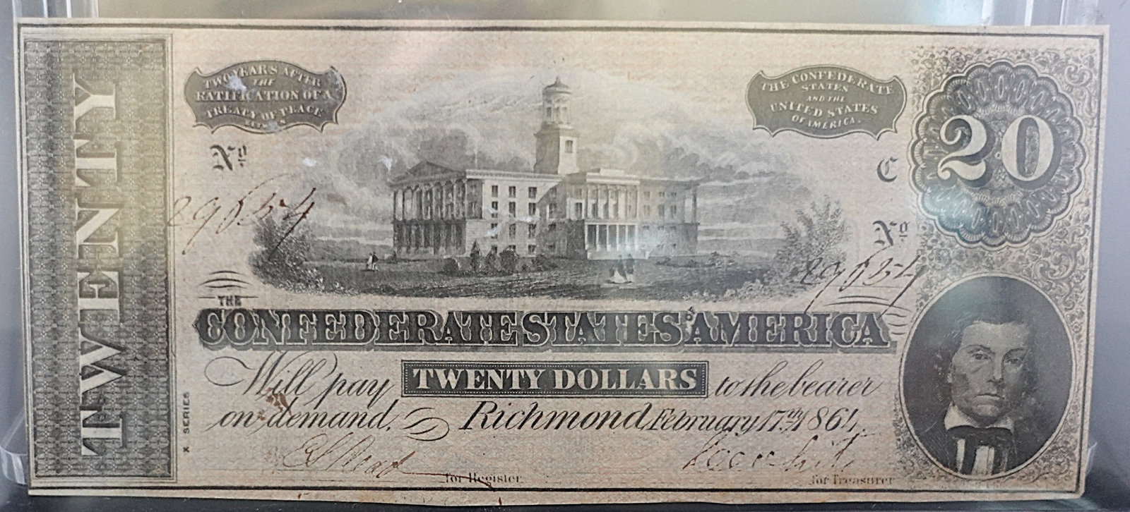 1864 Richmond Confederate $20 Note: This is a very nice note! Sharp corner and nice cut!
