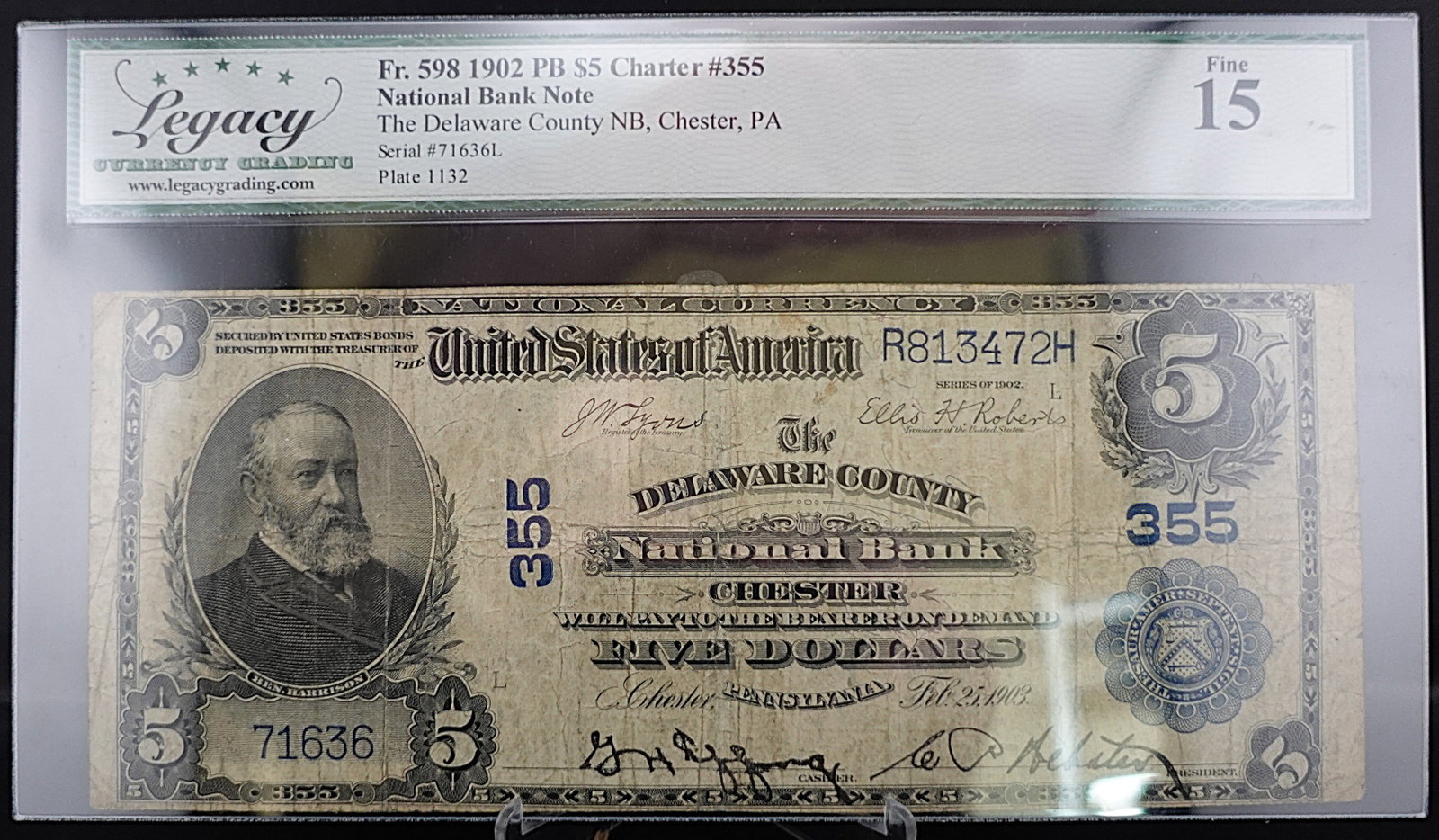 1902 PB The Delaware County NB, Chester, PA $5 Note: Great Note! Graded Fine 15