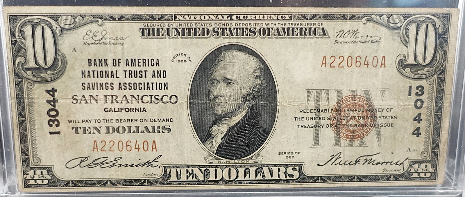 1929 $10 Bank of America National Trust and Savings Association of San Francisco CA: Extremely Hard Note to Find in Good Condition