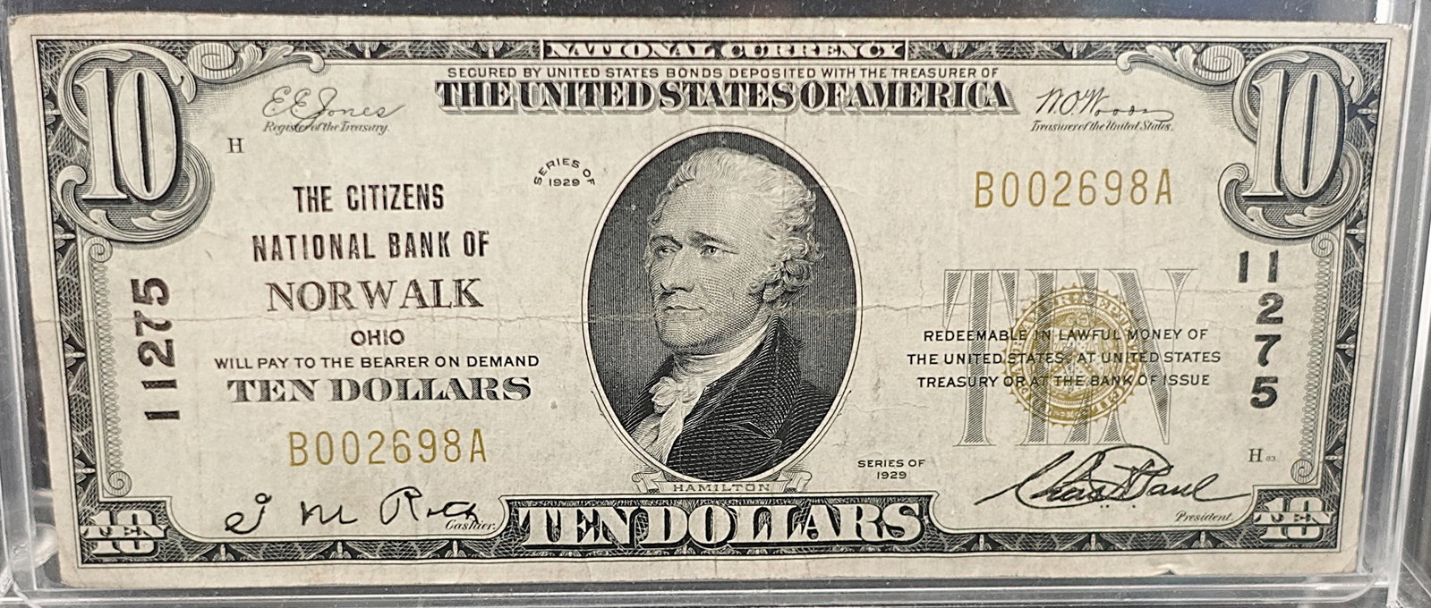 1929 $10 Citizens National Bank of Norwalk, Ohio: This is a rare note! SN 2698