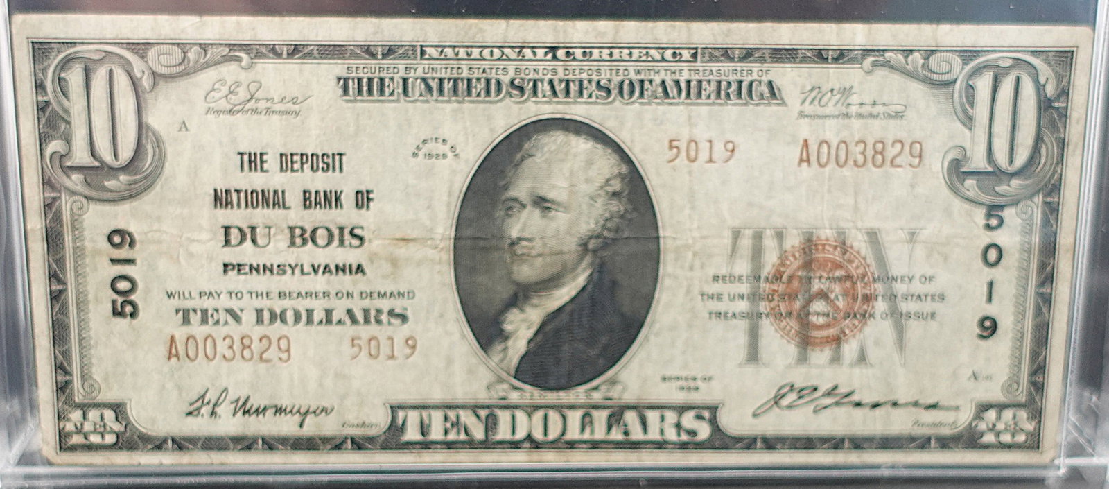 1929 $10 The Deposit National Bank of Du Bois Pennsylvania: SN 3829