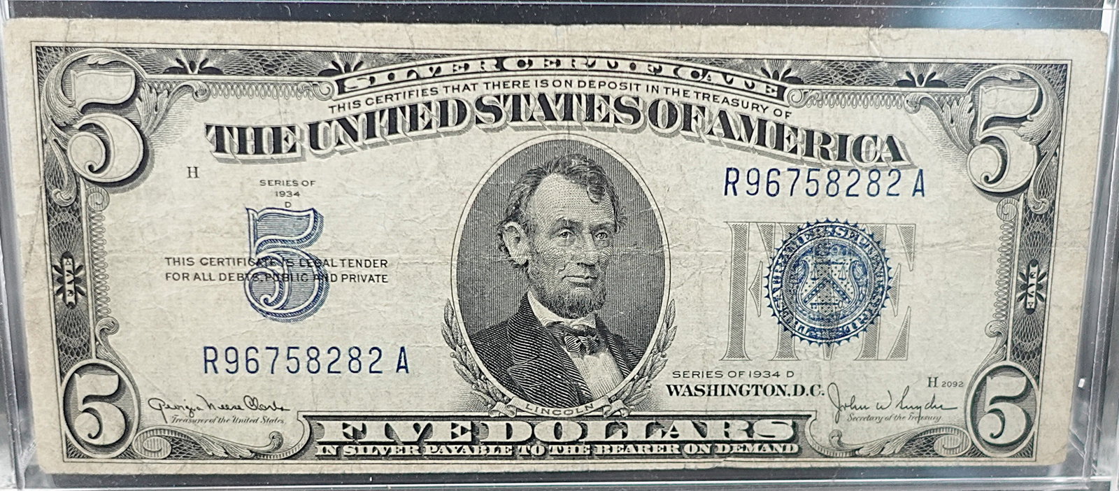 1934 D $5 Blue Seal Note: Great Note! Nice Cut and Corners! Sn 8282