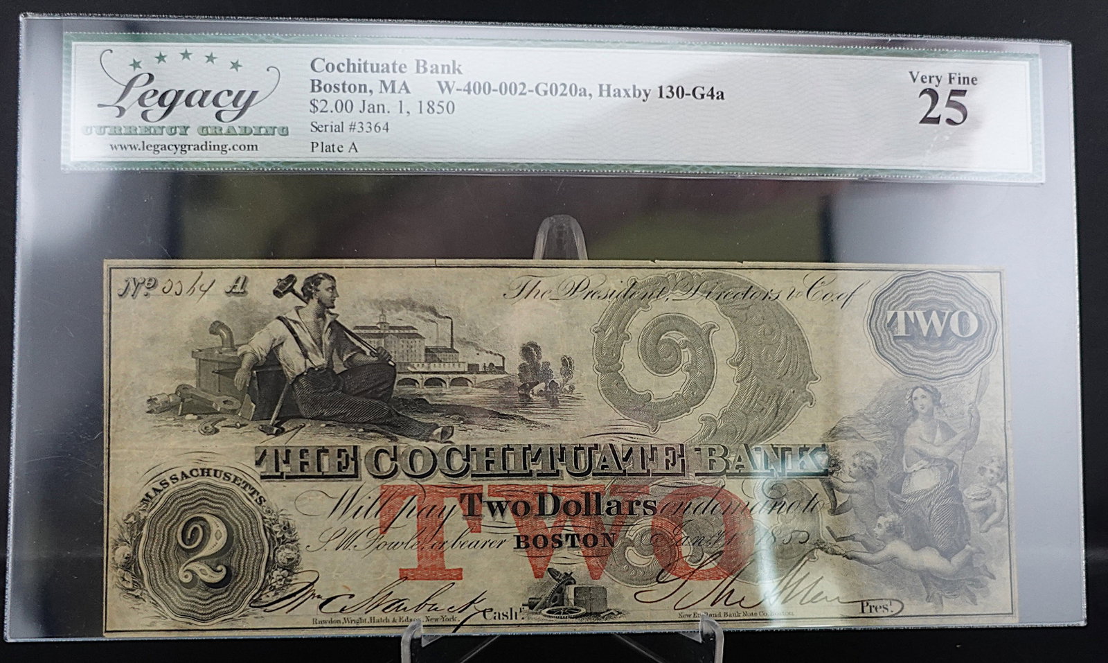 1850 Cochituate Bank Boston MA $2 Note: Really hard to find Note! Graded Very Fine 25