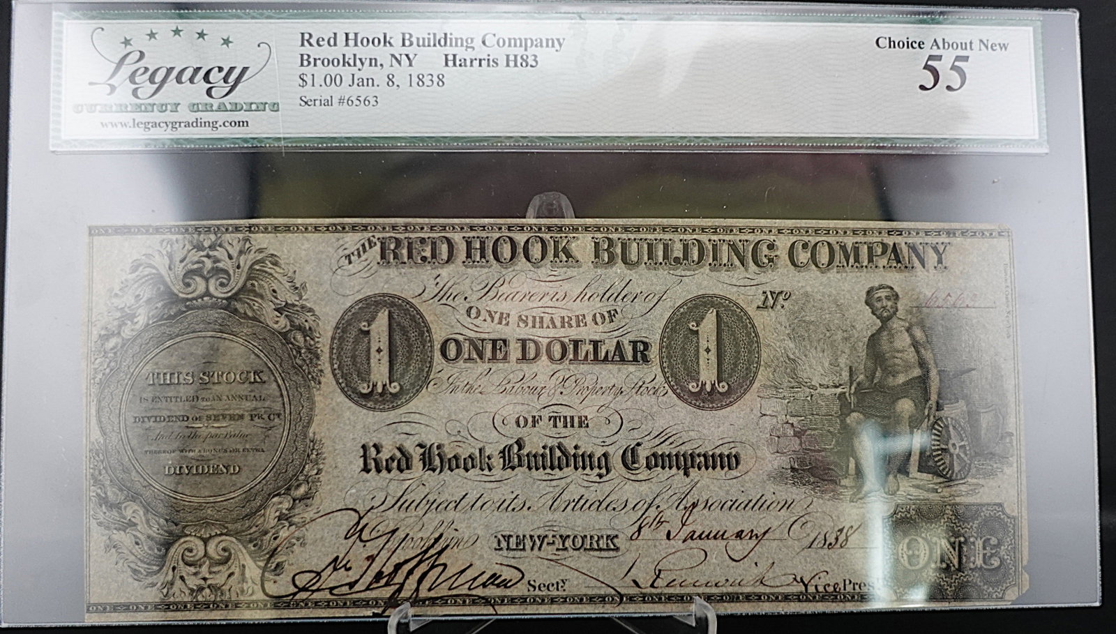 1838 Red Hook Building Company, Brooklyn NY $1 Note: A very hard to find note and in great condition! Graded Choice About New 55