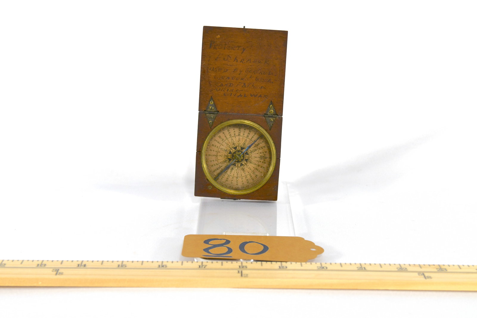 Identified Civil War Compass: Beautiful compass in a wooden box. Works perfectly! Writing on inside of the compass. Appears to read "Property of F. Schrader - Used by Gertrude Schrader's Great Grandfather During Civil War" Aproxim