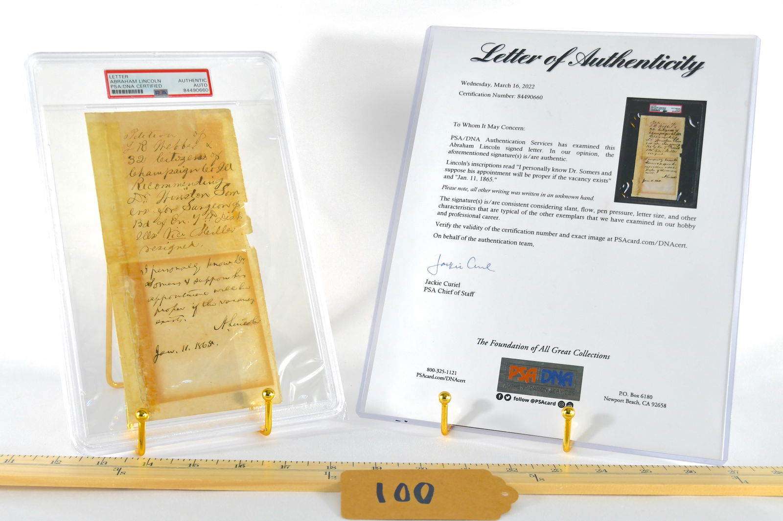 Letter Of Recommendation Authored By Abraham Lincoln: Letter reads "Petition of L. R. Webber and 32 Citizens of Champaign Ill Recommending Dr. Winston Somers for Surgeon of Bd of En. 7th Dist?" "I personally know Dr. Somers and suppose his appointment wi