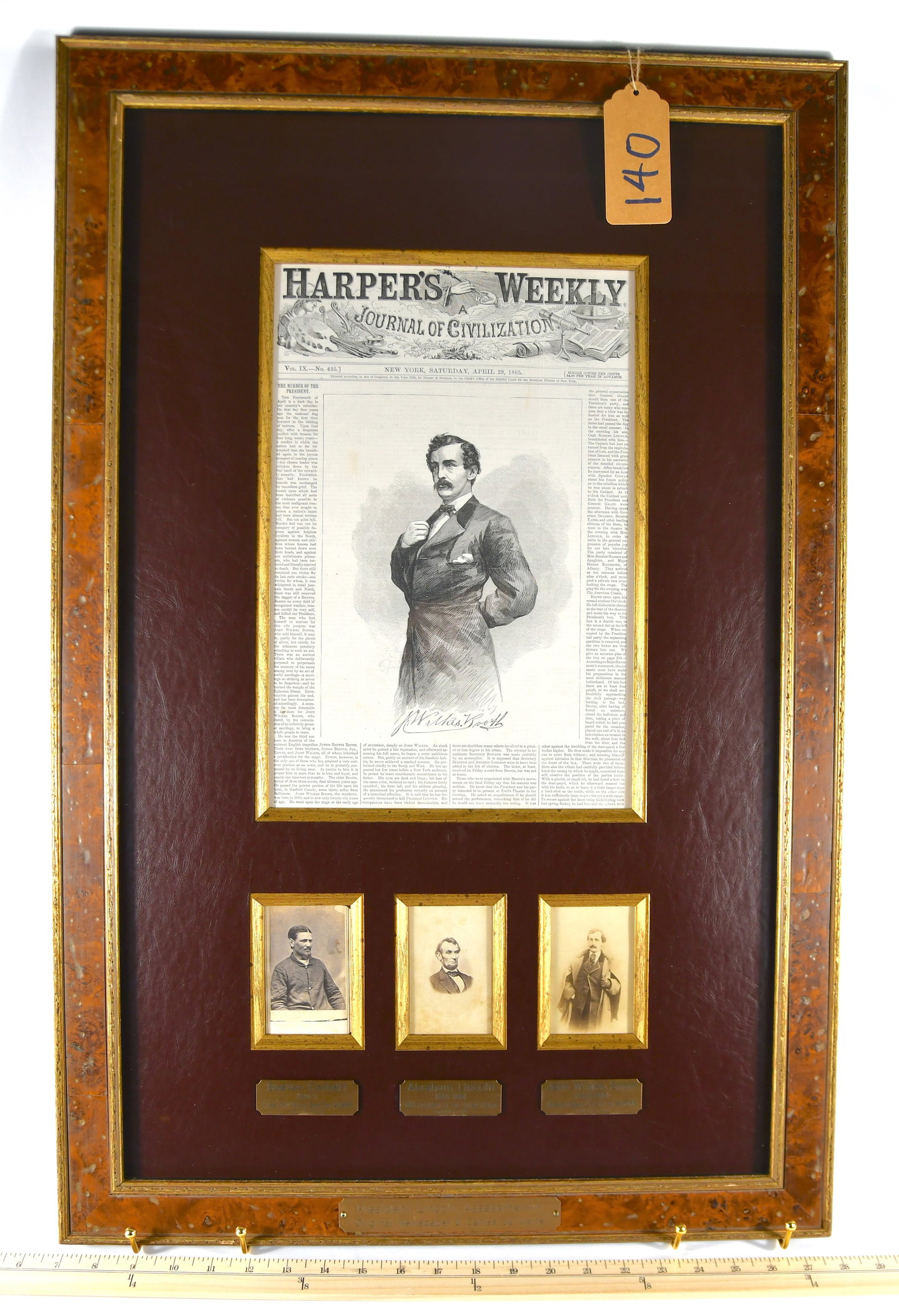 Harper's Weekly Original 'The Murder Of The President' Abraham Lincoln: Framed Lincoln Assasination Newspaper and CDV's Original Newspaper and Cartes de Visite of the famous Abraham Lincoln assassination Harper's Weekly issue dated April 29th, 1865 (VOL IX. - No. 435). Th