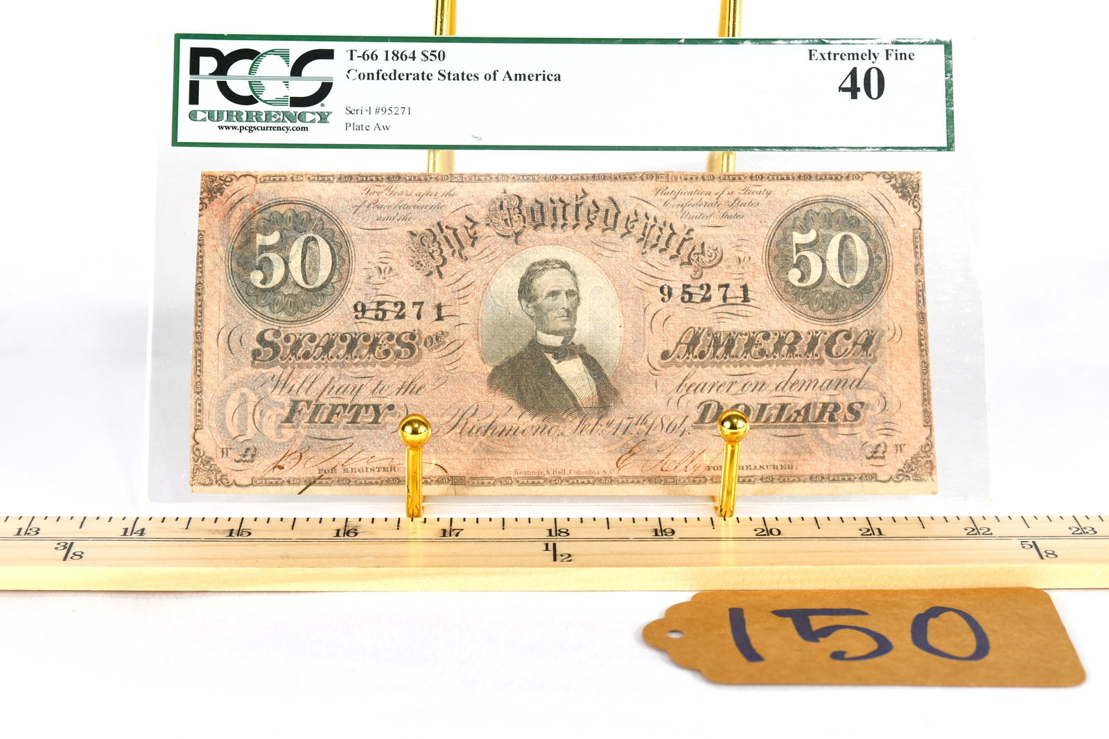 1864 Confederate $50.00 VA Bank Note (Ser. No. 95271): Confederate $50.00 Richmond, VA Bank Note (Ser. No. 95271) Feb 17th 1864 PCGS Certified - Certificate #80767386 T-66 1864 $50 Graded Extremely Fine - 40
