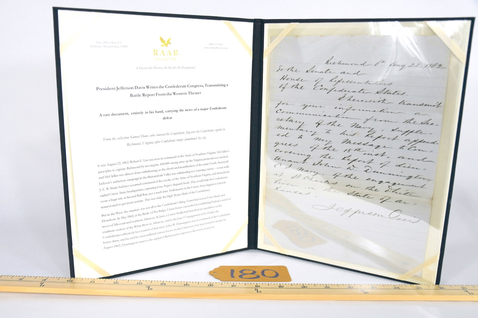 President Jefferson Davis Authored Letter To Congress - From The Raab Collection: President Jefferson Davis Writes the Confederate Congress, Transmitting a Battle Report From the Western Theater From the RAAB Collection (www.rabbcollection.com)Stven Raab is a former Board Member of
