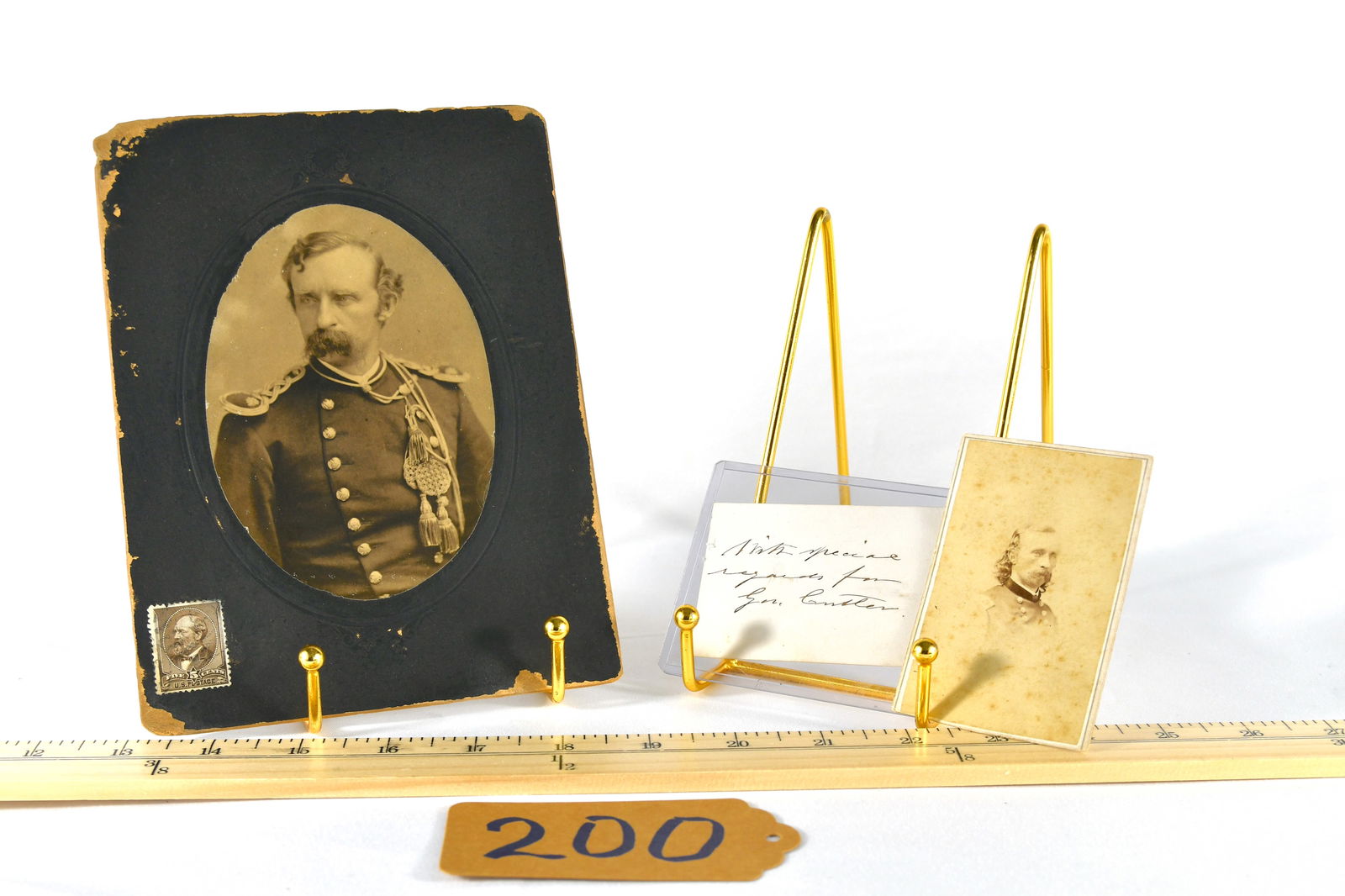 Two Gen. George Custer Photos With Clip Signature Of Gen. George Custer: Two Gen. George Custer Photos with Clip Signature of Gen. George Custer Front of card reads, "With special regards from Gen. Custer" and back of card reads, "Henry Howard" Back of photo reads, "A Chis