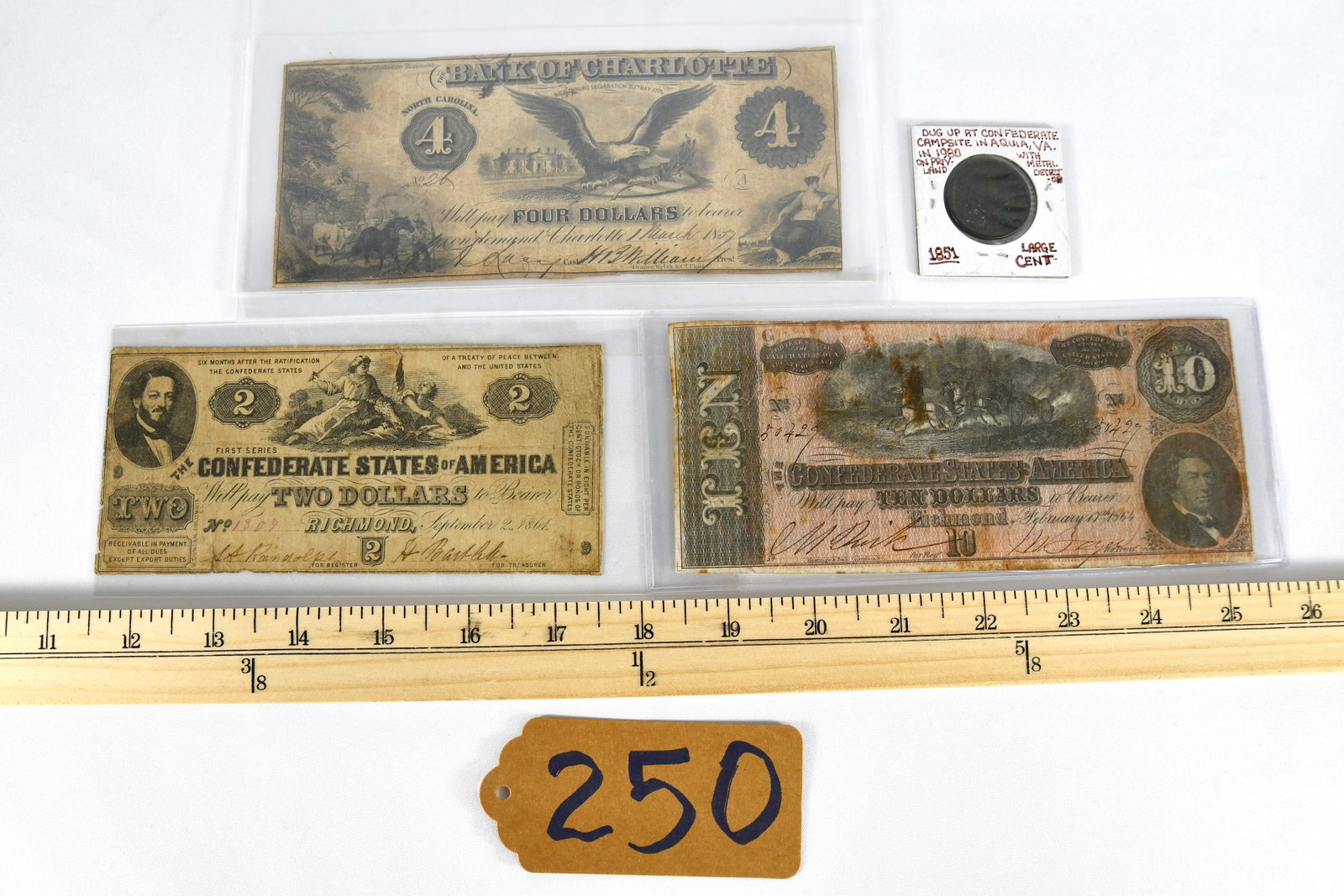 Three Confederate Bank Notes (Bank Of Charlotte, NC) And 1 Coin - 4 Items In 1 Lot: 1) $4 "Bank of Charlotte" Bank NoteMarch 1st, 1857Charlotte, NCSer. No. 26 (?)"Mecklenburg Declaration 20th, May 1775" 2) $2 First Series Confederate Bank NoteSept, 2nd 1864Richmond, Va.Ser. No. 1309"