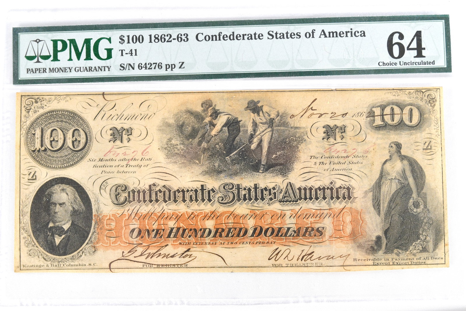 1862 Confederate $100 Note - Richmond, VA - PMG Certified And Graded: 1862 Confederate $100 Note - Nov 20 1862 - Richmond, VA PMG Certified and Graded Confederate States of America $100 Note T-41 S/N 64276 pp Z Stamped on Back:1) "Issued From Depository. Knoxville. July