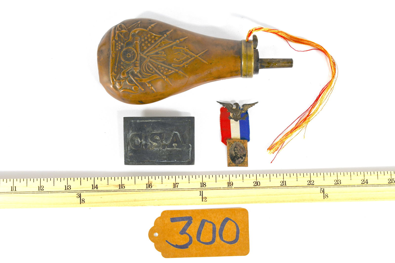 CSA Buckle, Powder Flask & Ferrotype: 1) Andrew Johnson Ferrotype 2) CSA Civil War Buckle 3) Civil War Embossed Patriotic Copper Powder Flask