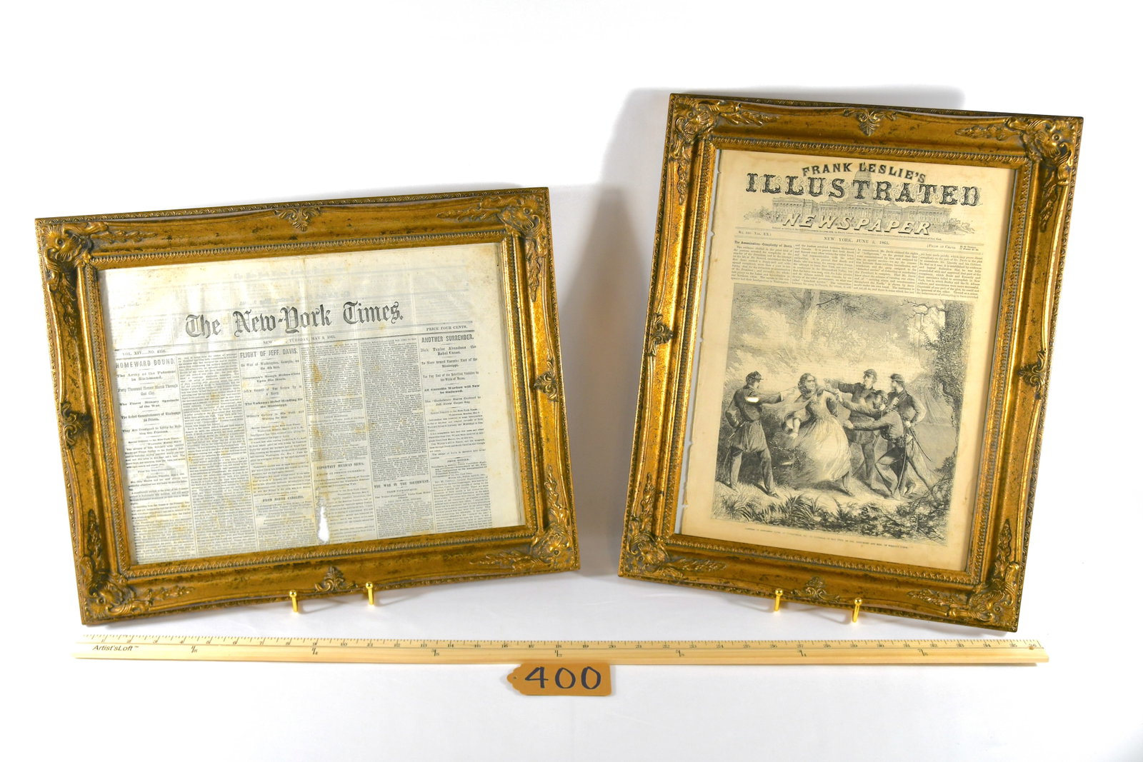 Two Framed Newspapers - The Capture Of Jeff Davis: Two Framed Newspapers - the Capture of Jeff Davis 1) The New York Times: Vol. XIV No. 4250 | May 9th 1865 2) Frank Leslie's Illustrated: Vol. XX.1 No 505 | June 3rd, 1865| The Assassination - Complici