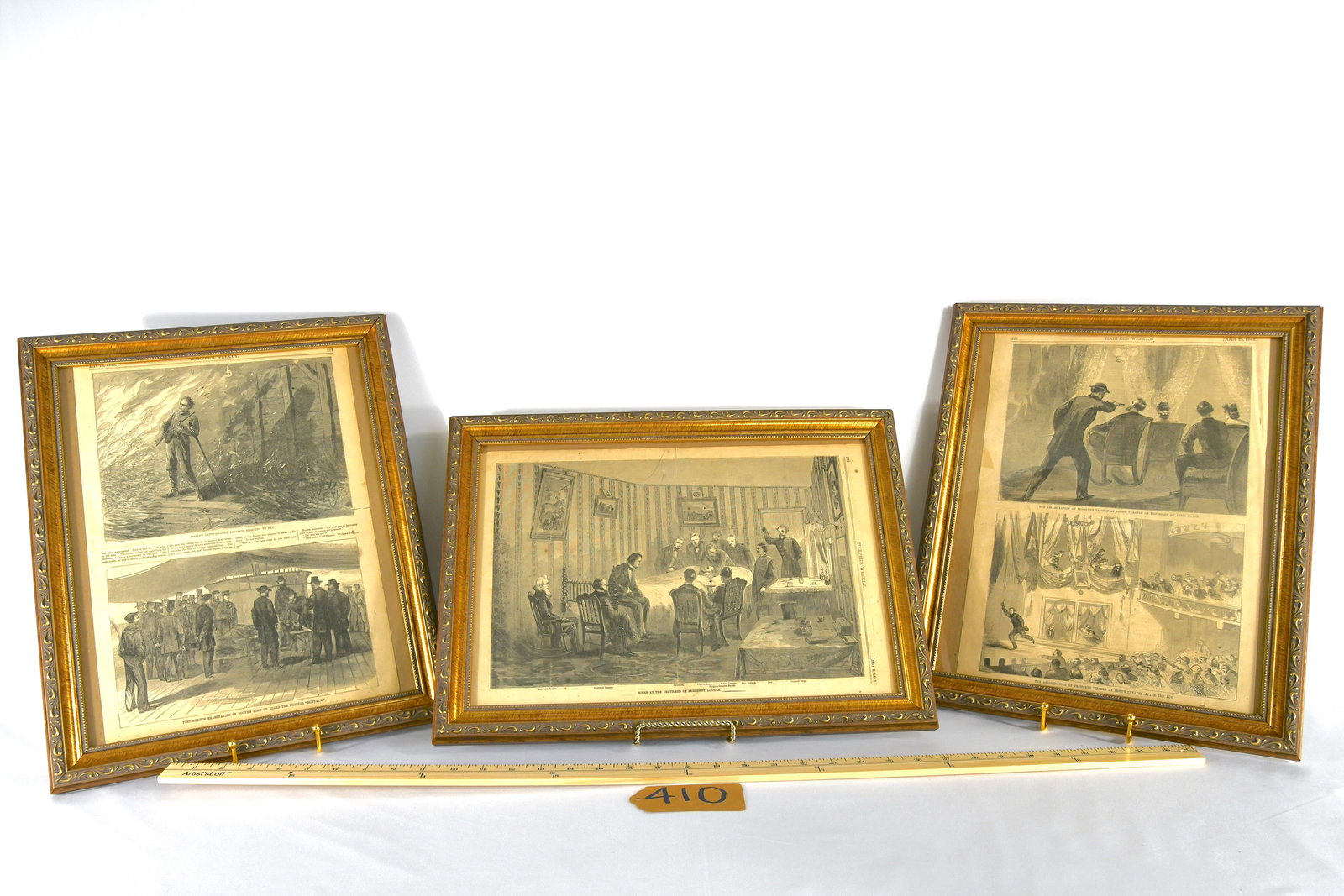 1865 - Three Framed Harper's Weekly Newspapers - Assassination And Death Of Abraham Lincoln: 1) Paper depictions of assassination of President Lincoln at Ford Theatre and after the fact pictures 2) Booth's Capture - The Assassination Brought to Bay 3) Scene of Abe on his deathbed