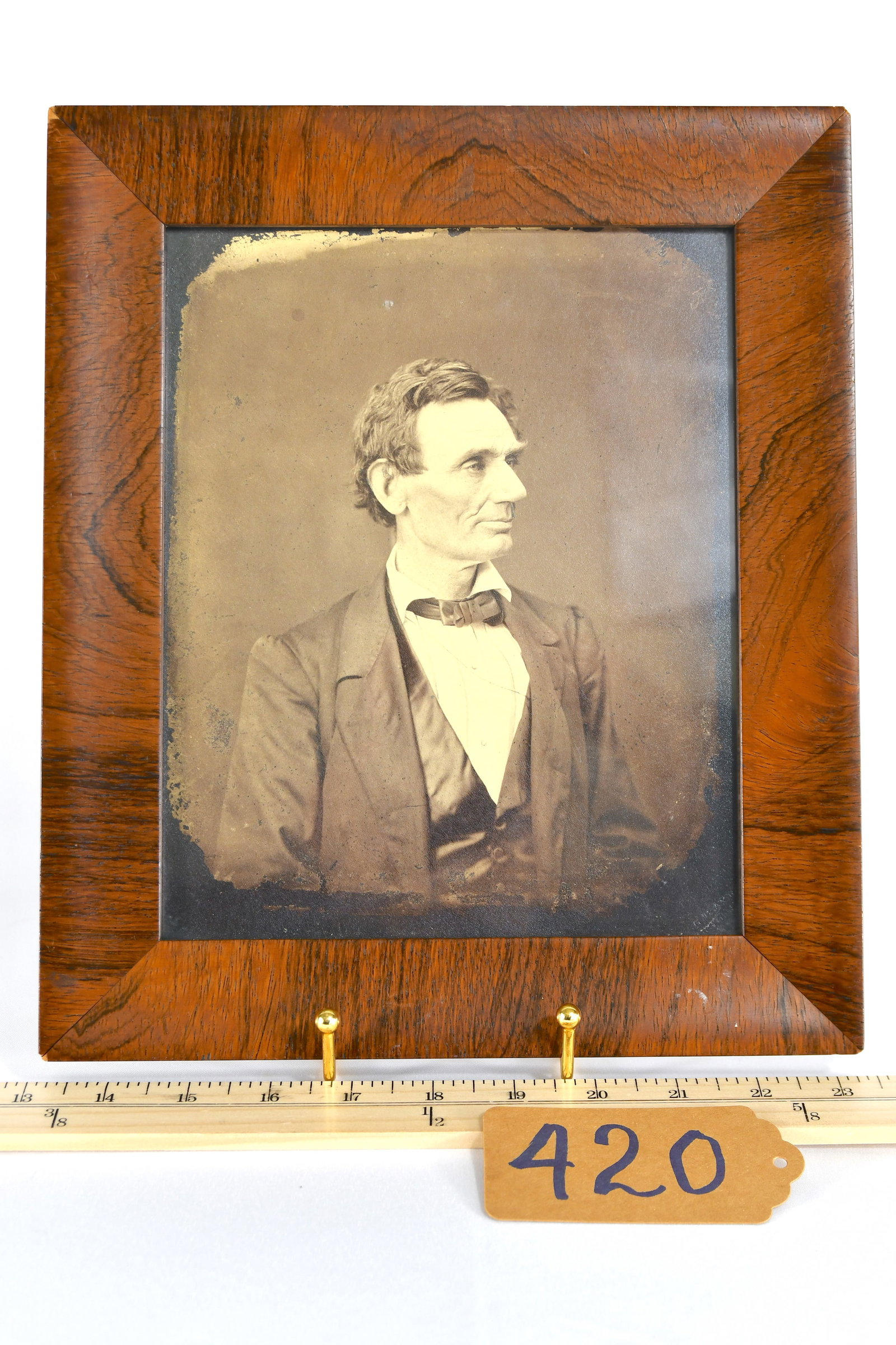 Old Framed Photo Of Beardless Abraham Lincoln: Original Framed Photograph of a Beardless Abraham Lincoln from an 1860 Alexander Hesler's Negative #1. The negatives were obtained by George B. Ayres "Original and best picture by George B. Ayres" The