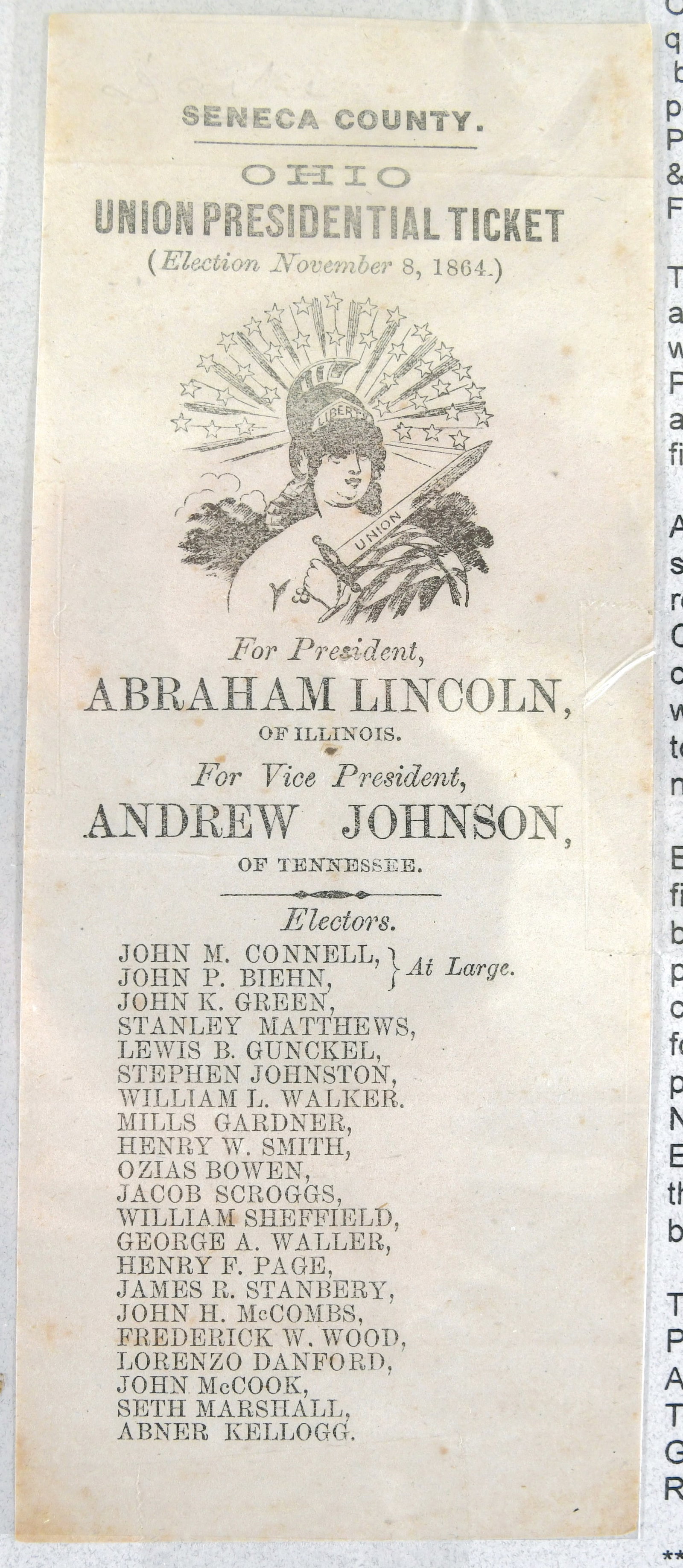 1864 Abraham Lincoln And Andrew Johnson Ohio Absentee Union Presidential Ballet: Abraham Lincoln and Andrew Johnson Presidential Ballet Seneca County, Ohio Absentee Union Presidential Ballot for the Election Held on November 8th, 1864. Cast November November 6th, 1864 Abraham Linc