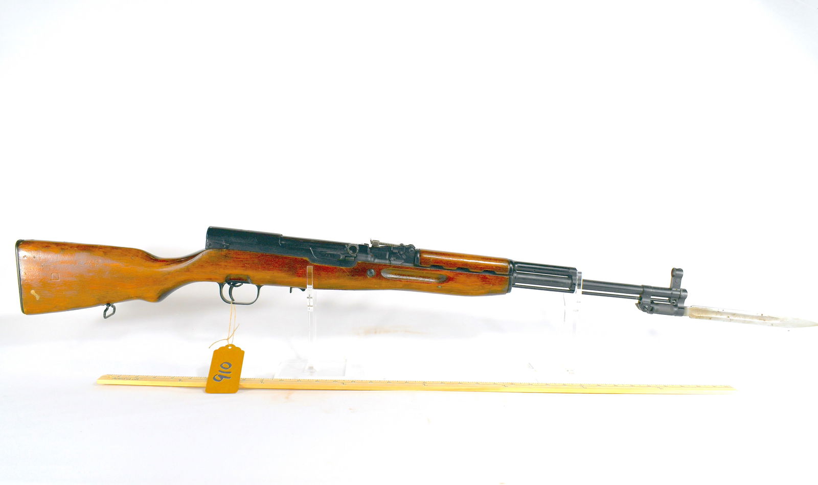 SKS Semi-Automatic Rifle With Bayonet: SKS semi-automatic rifle. Has with star with arrow emblem 1951F marking with FP 1603 FIREARMS NOTICE: Wyatt and Son Auctions will process all firearm transfers in strict accordance with