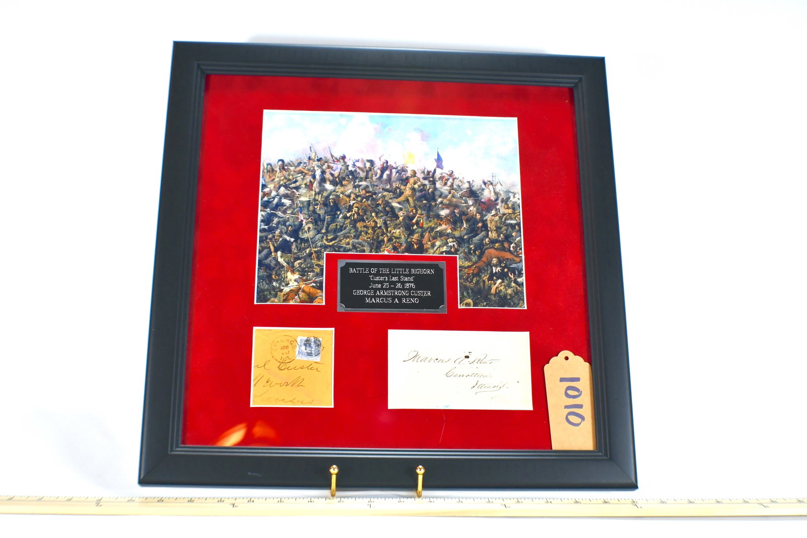 Custer's Last Stand Framed Picture Of Battle Of Little Big Horn: Custer's Last Stand 6/25-6/26 1876 Marcus A. Reno signature card. Reno commanded one of Custer's three wings at Battle of Little Big Horn Mailed to Custer
