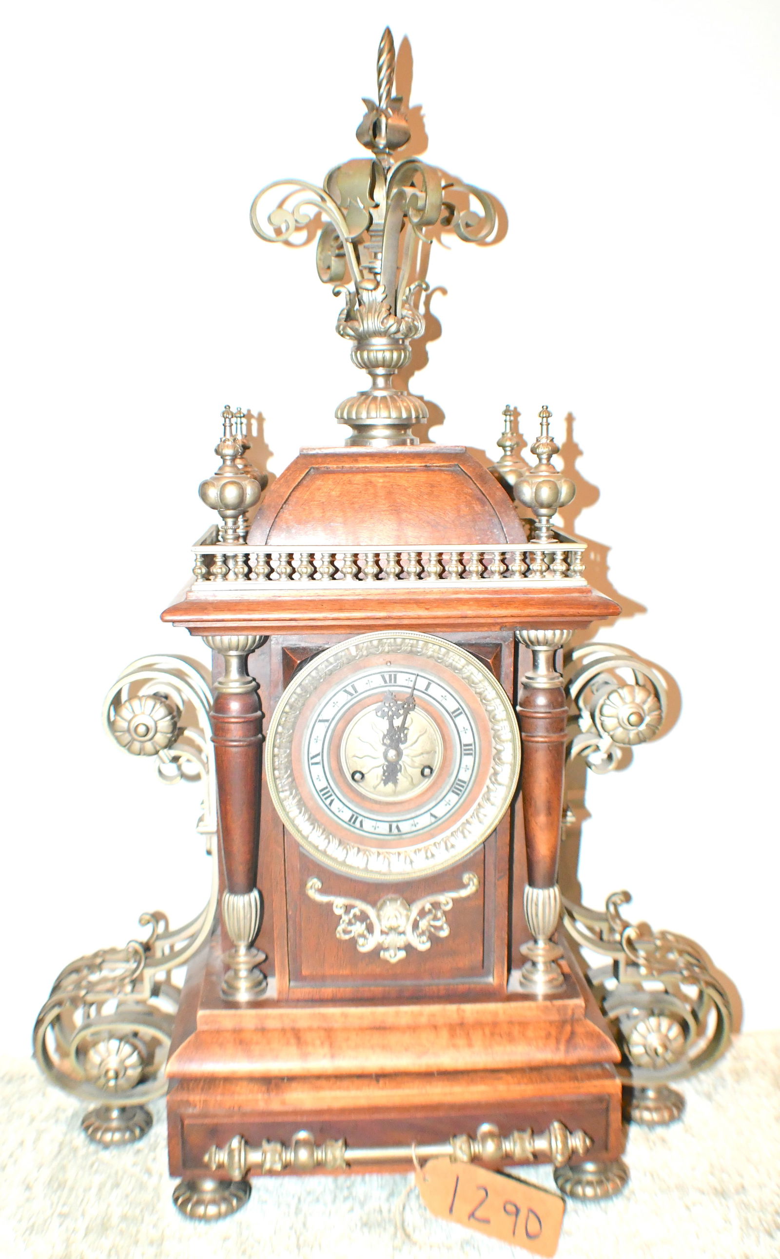 Large Fancy French Antique Bracket Clock With Metal Mountings: Has Key Has Silver bronzed feet Ornate Scroll work 20" wide x 30" tall