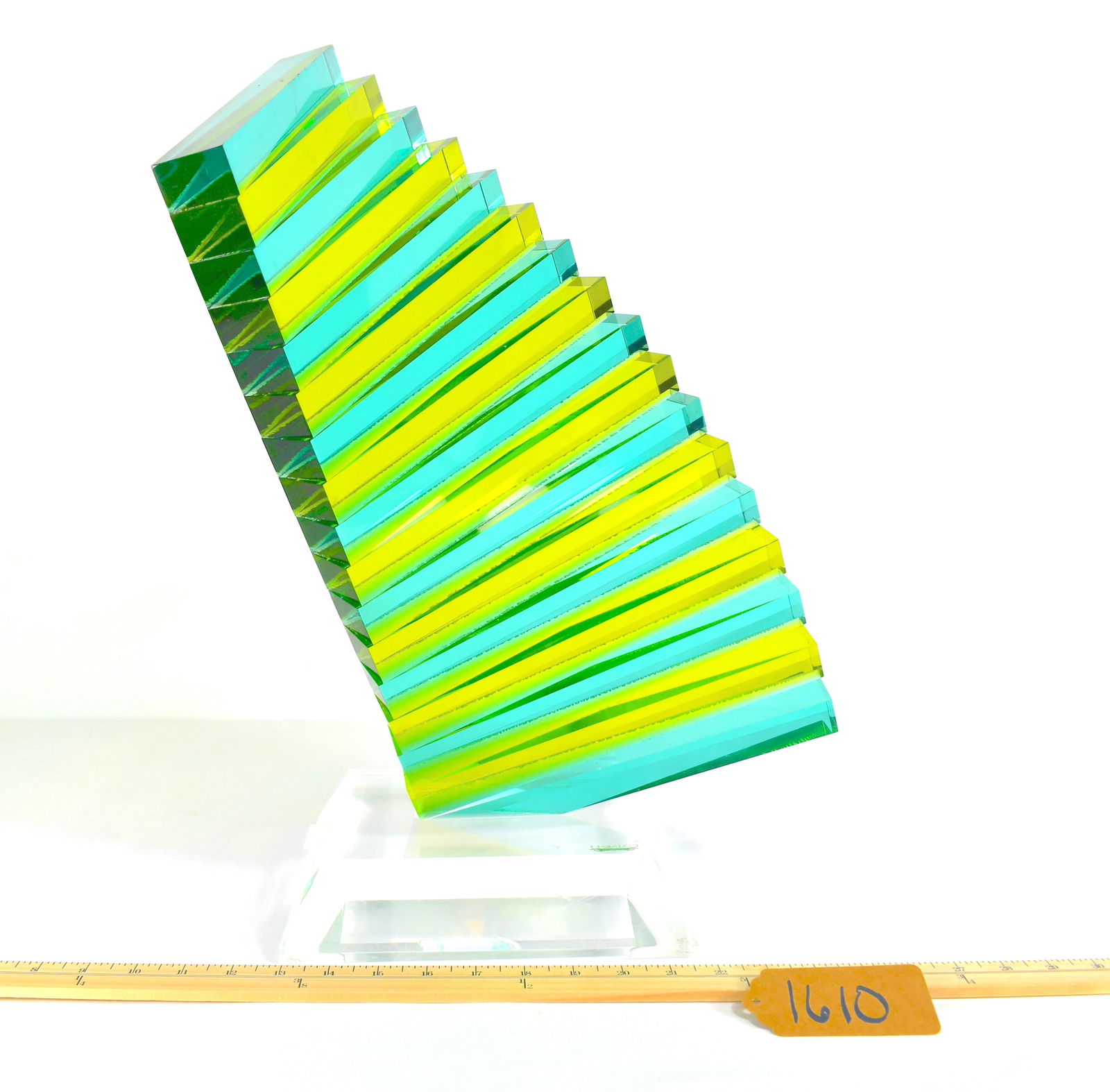 Haziza Lucite Modern Sculpture: Haziza Lucite with clear base and green fanning