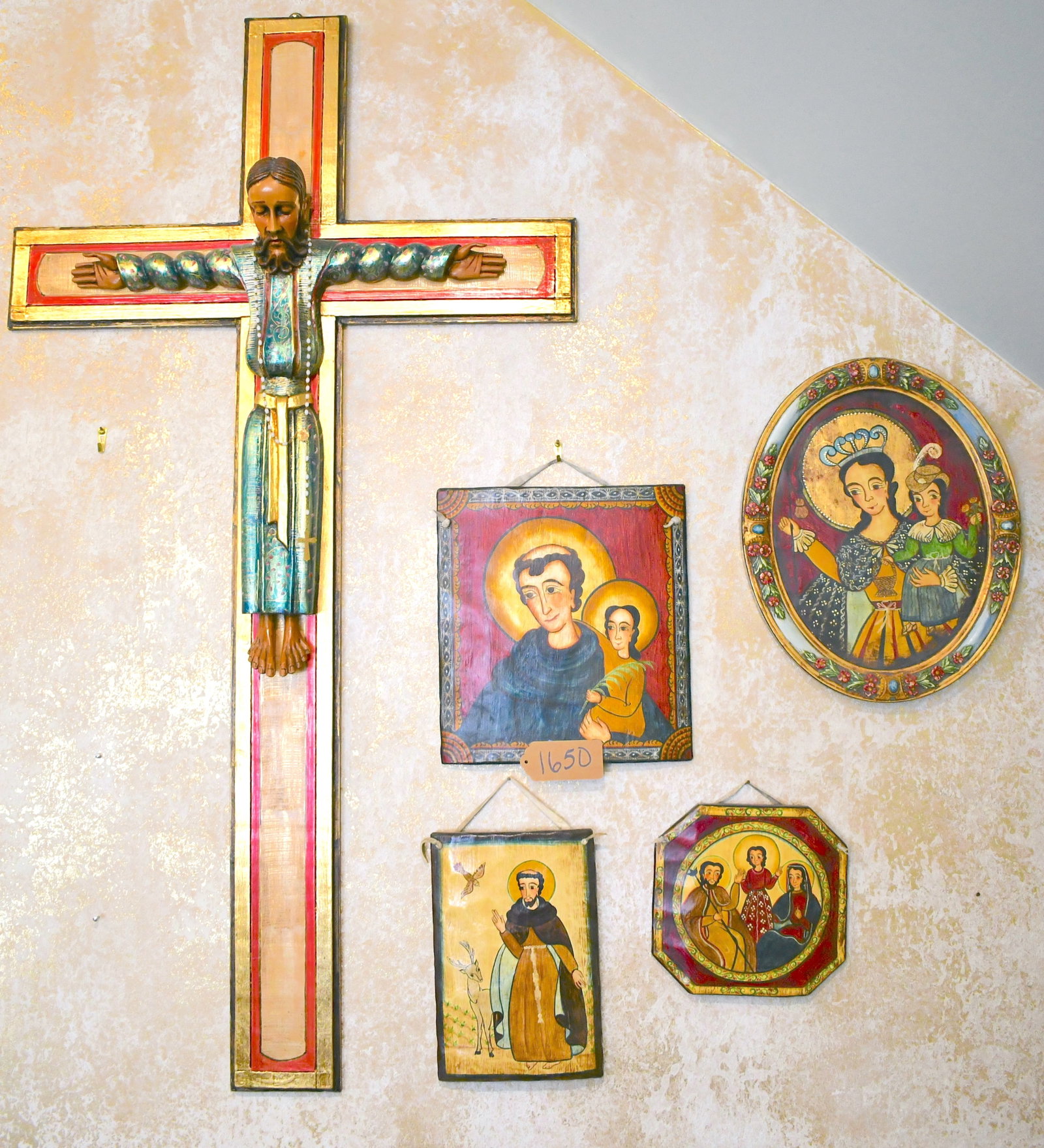 Grouping Of Original Tomas Artwork: All painted on wood Oval picture "Nuestra Senora" 5-17-7 Octagonal picture of Man with two Women 101-9 Rectangular picture of Man with Deer 92-8 Square picture of Man with Woman "for Olga Azar' Christ