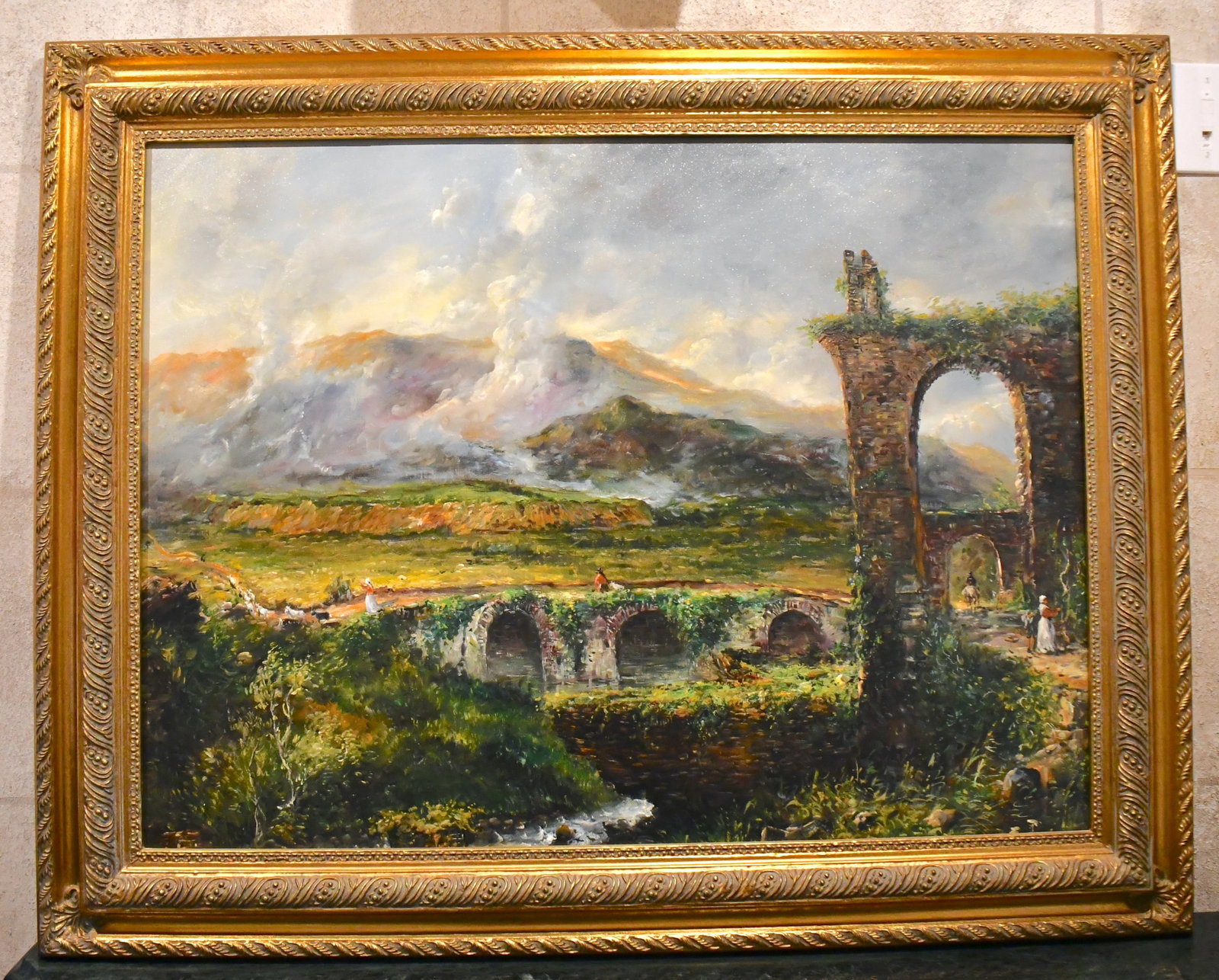 Painting Of Scenic Bridges And Ruins: "A View near Tivoli" painting Golden wooden frame 49" long x 39" tall Has no signature or markings noted