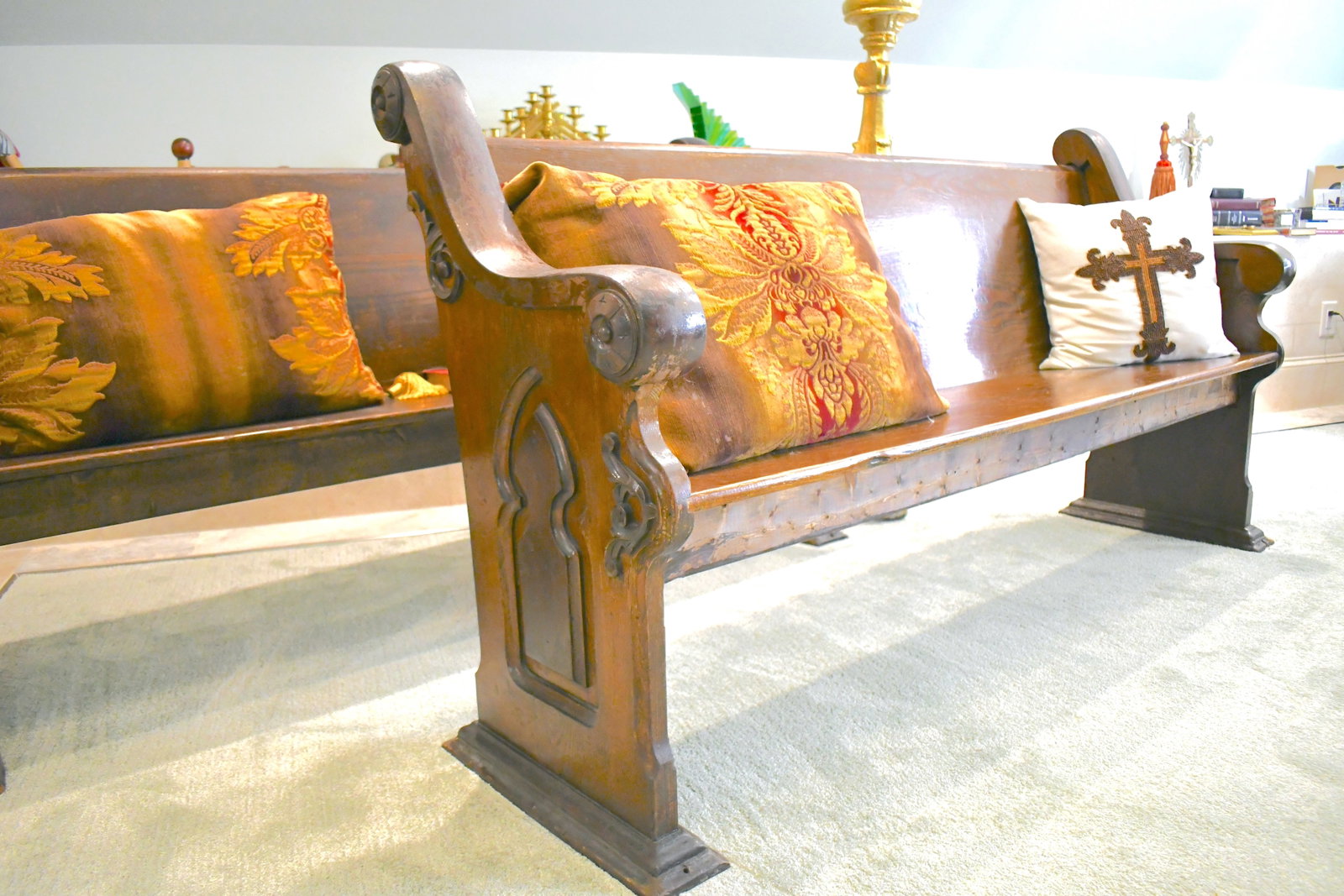 Pair Of Vintage Mahogany Church Pews: 72" long 22" wide x 38" tall No markings Carved Endcaps
