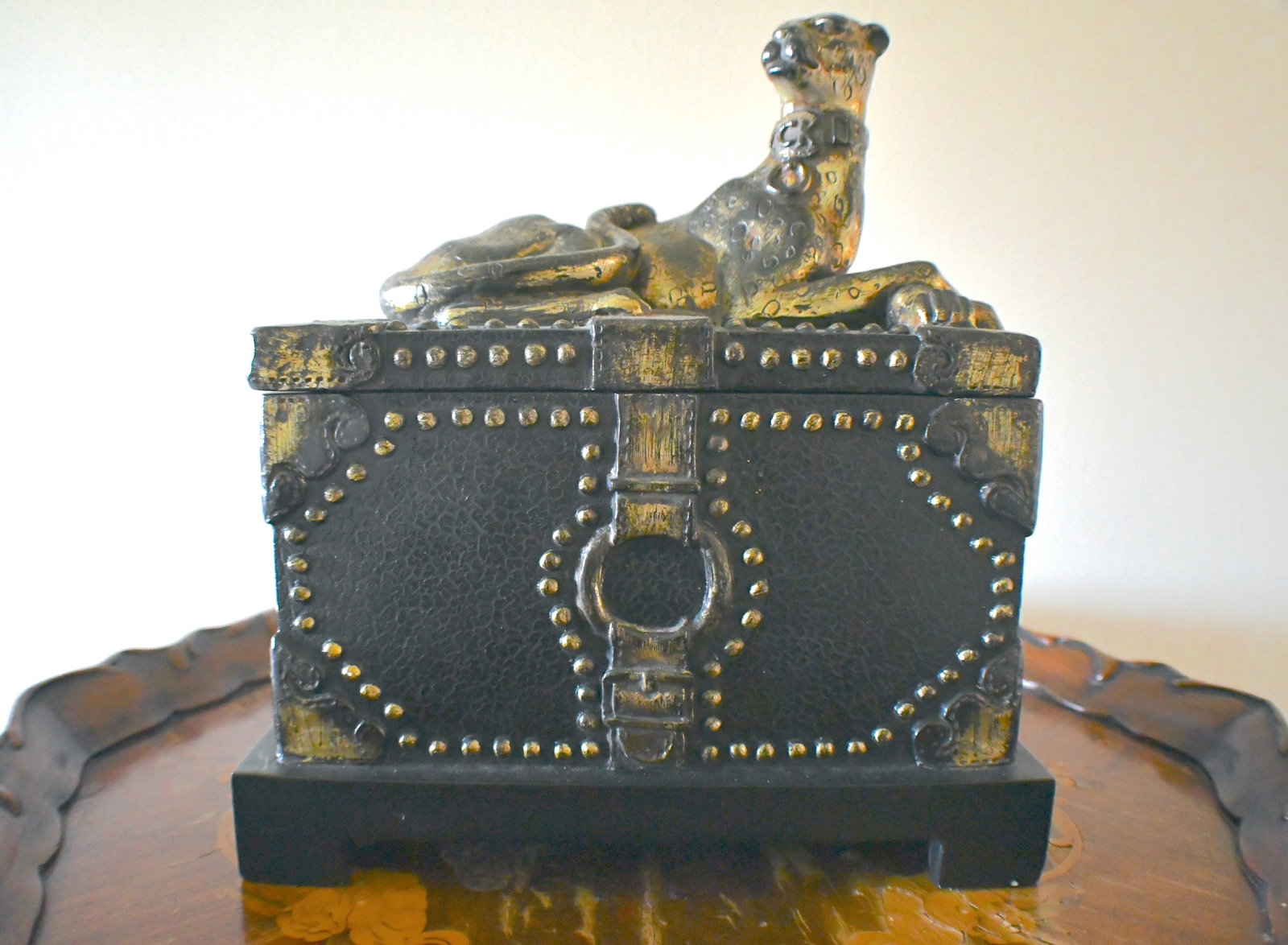 Decorative Black Panther Box With Bronze Patina: Markings say Kinder Collection Collar on panther says CK Made of metal to hold valuables