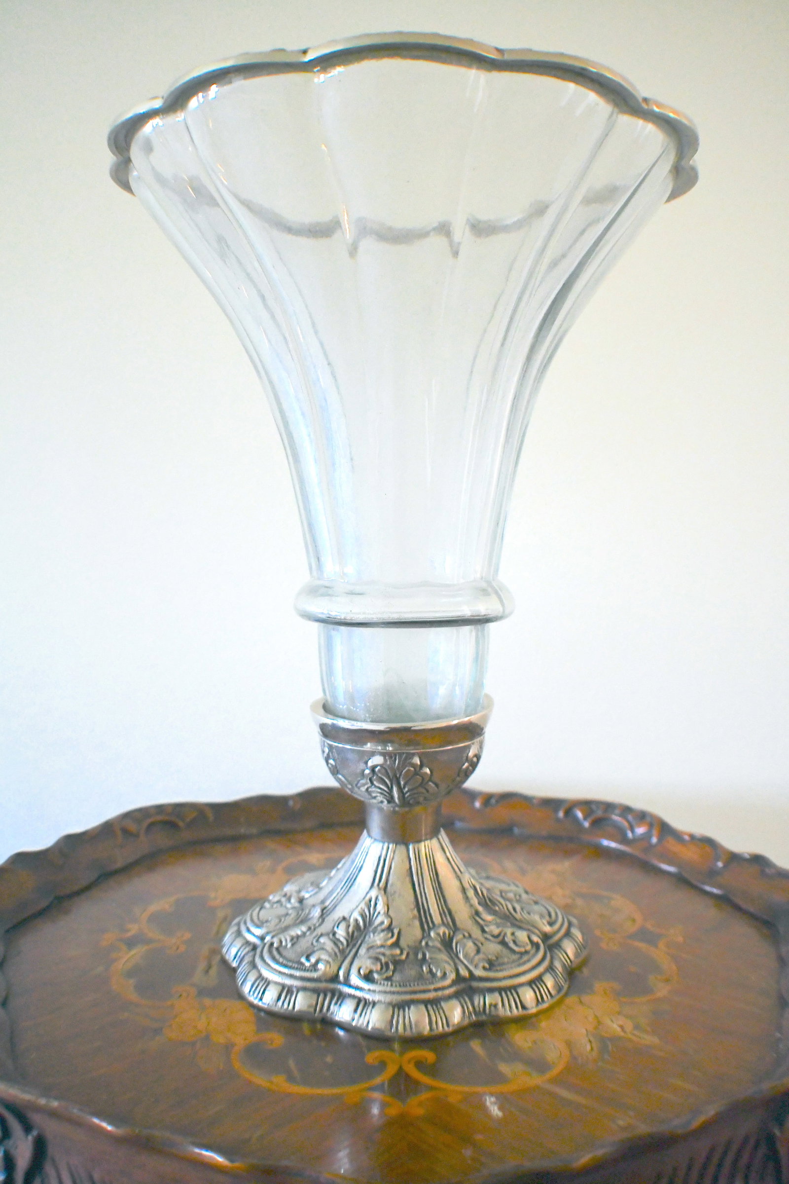Pewter And Glass Vase: 16.5" tall x 12.25" rounded top with scalloped edges Very heavy No markings