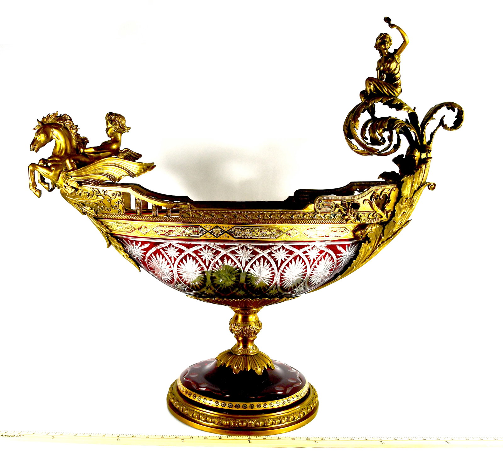 Vintage Ruby Red Crystal Vase With Gilt Bronze-Starburst Design: Italian Cut crystal Shaped like a boat, with woman on one end and Angel flying on winged house No markings