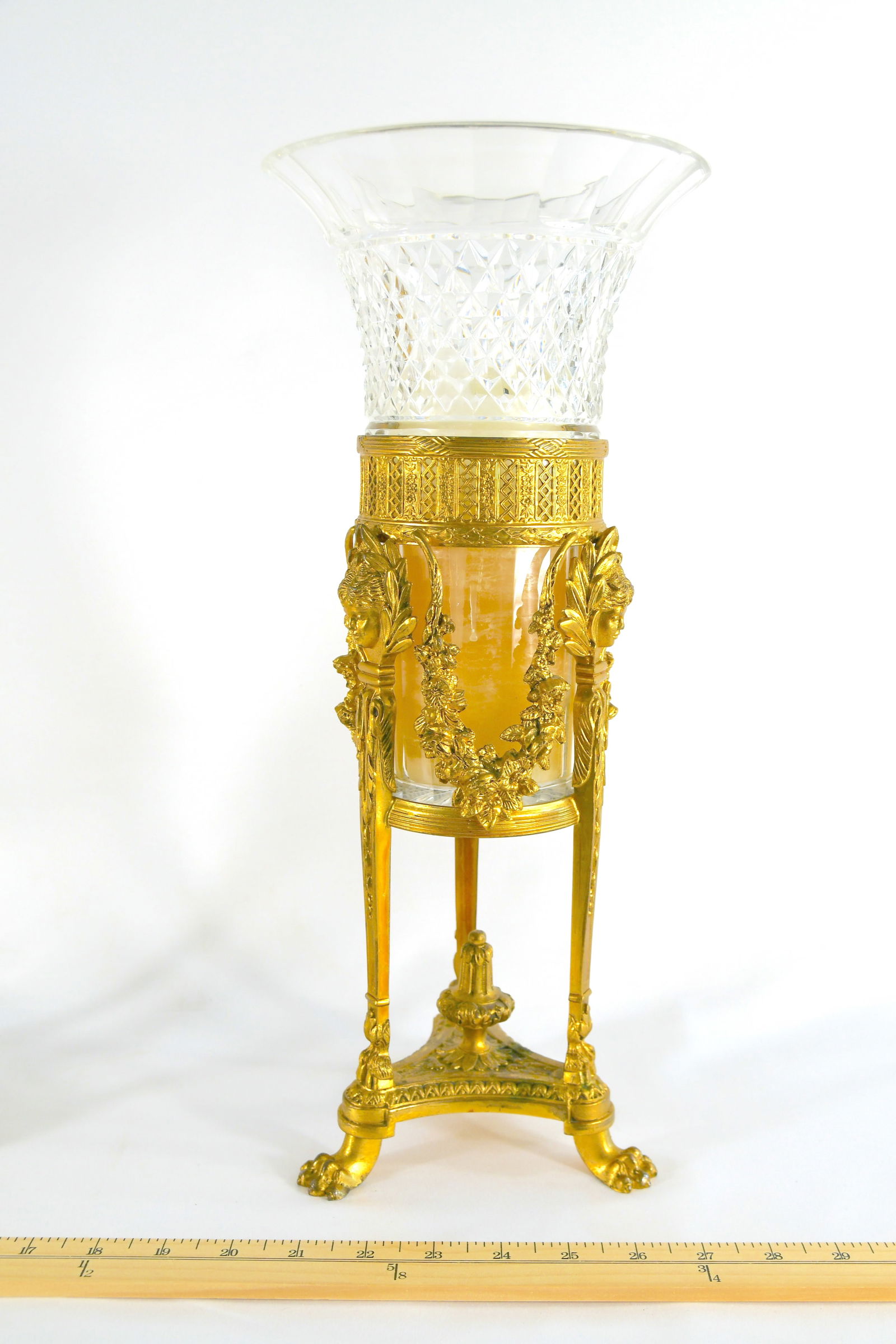Pair Of Matching Crystal And Gilt Bronze Candleholders: Pairpoint Has three Cherub faces on each 16" tall and 6 3/4" round at top