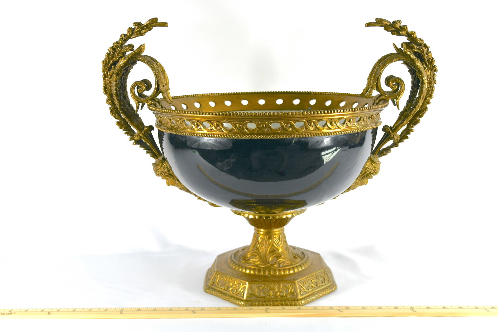 Bronzed Figural Mounted & Cranberry Glass Centerpiece: Can hold decorative objects Has ornate small handles Back glass bowl Heavy 13" tall and 16" round