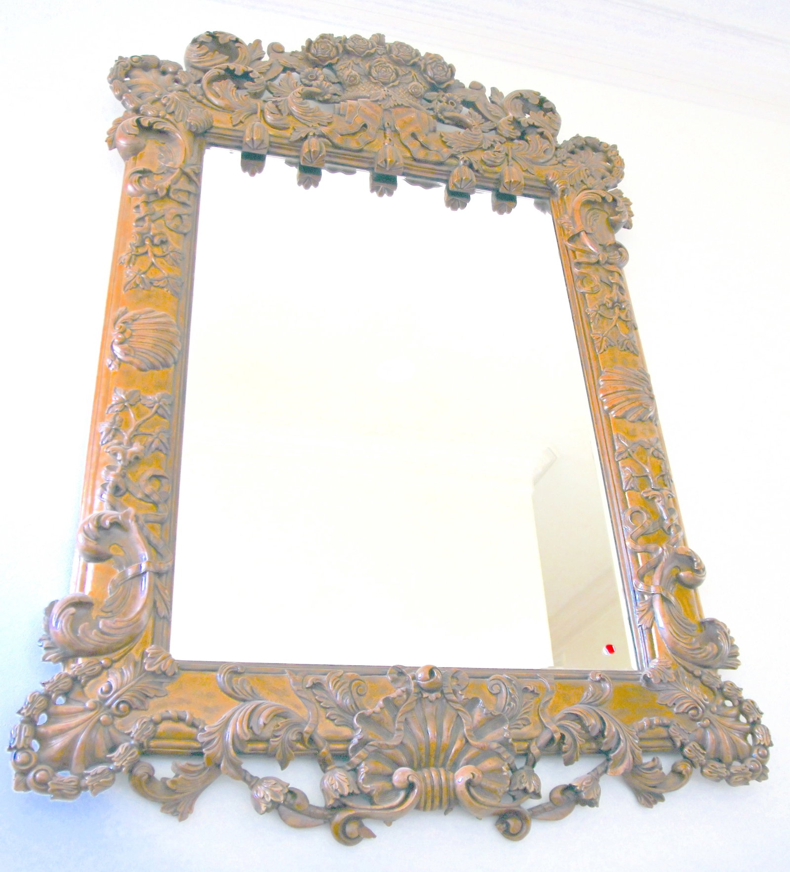 HUGE Decorative Wooden Ornate Mirror: Has Roses at top of mirror and shells on the side 53" wide x 80" tall
